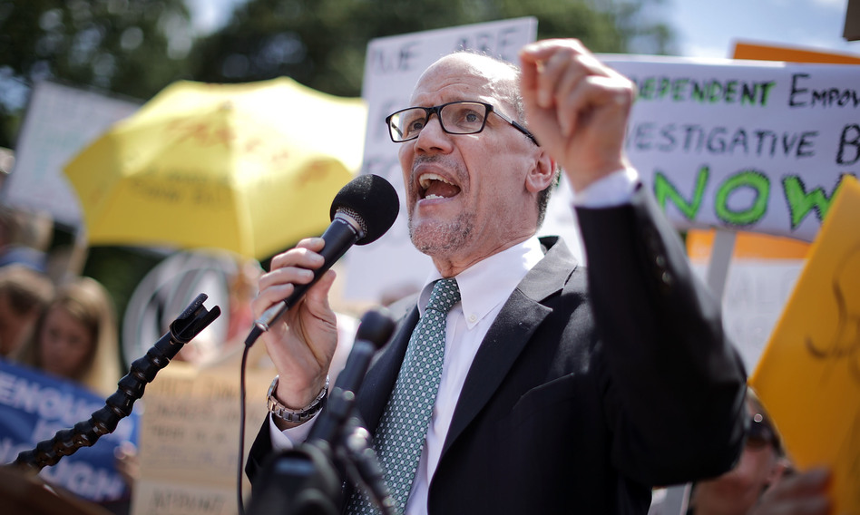 Tom Perez, seen at a rally protesting the firing of FBI Director James Comey in May 2017, has his work cut out for him as chairman of the Democratic National Committee. (Chip Somodevilla/Getty Images)