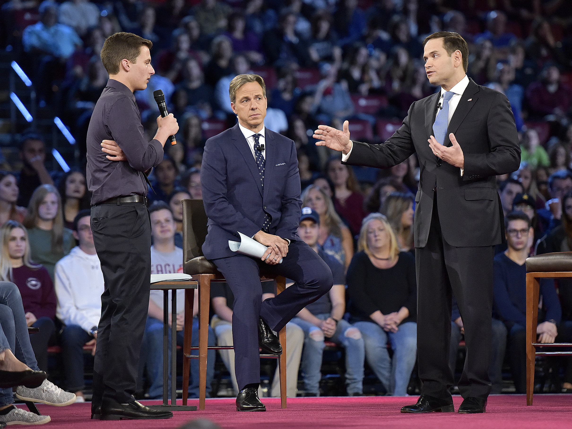 Marjory Stoneman Douglas student Cameron Kasky asked Sen. Marco Rubio, R-Fla., if he will continue to accept money from the NRA during a CNN town hall meeting on Wednesday. (Sun Sentinel/TNS/Getty Images)
