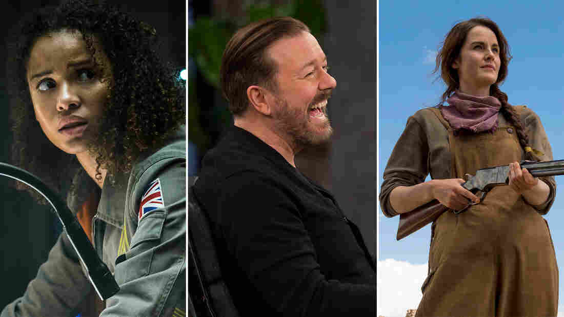 Gugu Mbatha-Raw, Ricky Gervais, and Michelle Dockery.