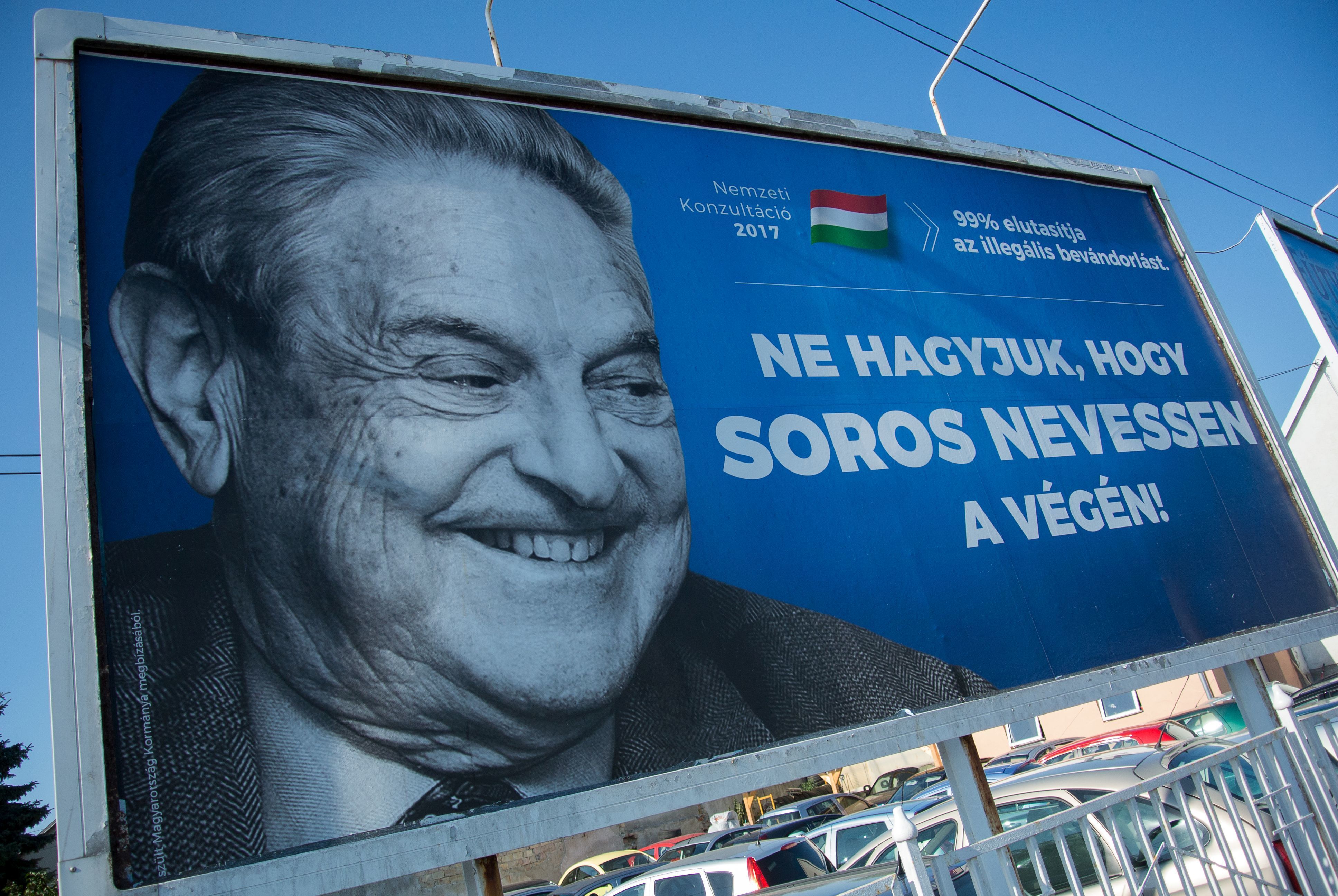 A poster with billionaire George Soros is pictured in July in Székesfehérvár, Hungary. (AFP/Getty Images)