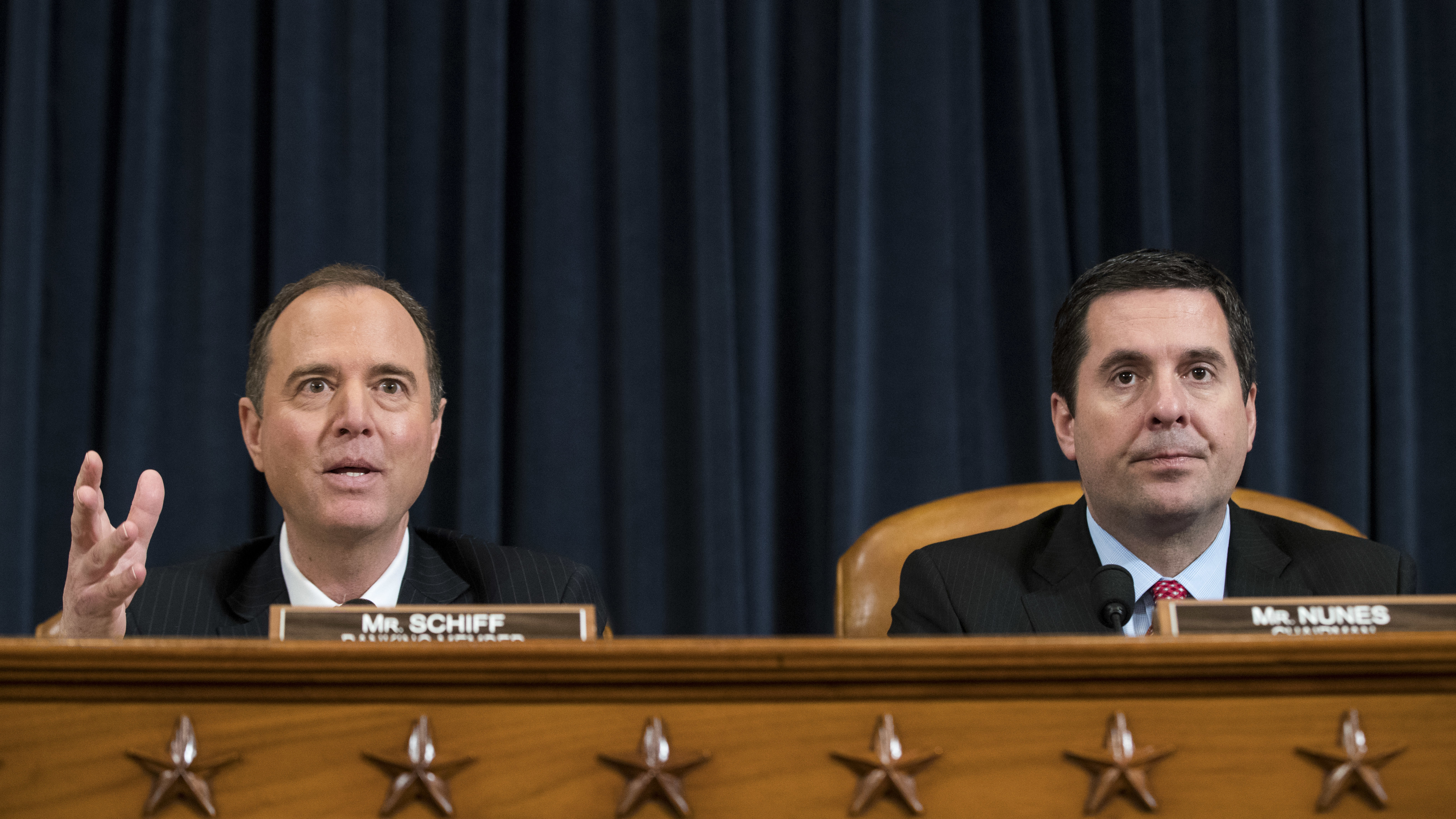 House intelligence committee ranking member Adam Schiff (left) and chairman Devin Nunes participate in a hearing last year on Russian interference in the 2016 presidential election. (Getty Images)