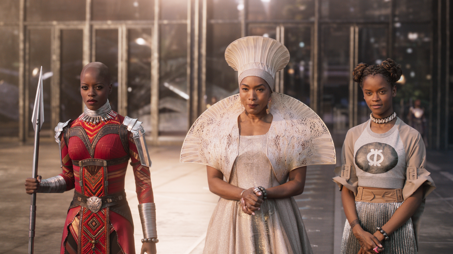 Florence Kasumba (left), Angela Bassett and Leititia Wright appear in a scene from Marvel