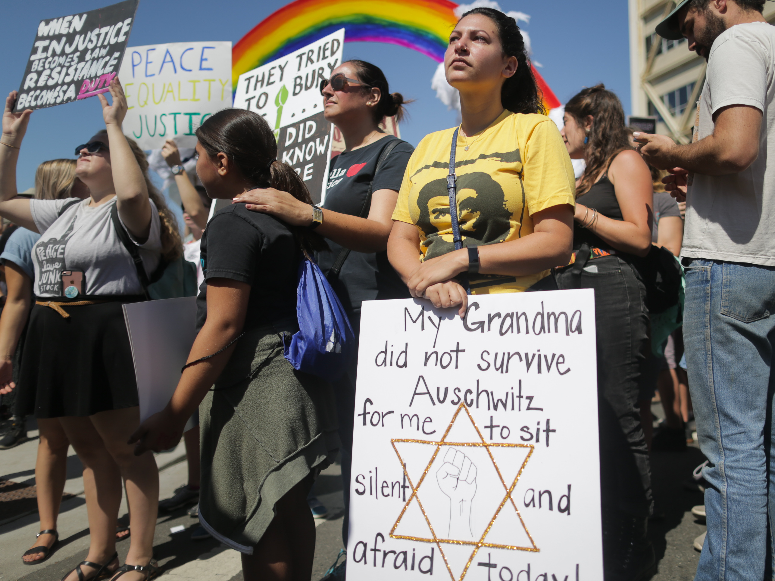 Rose Fried, granddaughter of a Holocaust survivor, attends a demonstration in August in Berkeley, Calif. That state had 268 reported anti-Semitic incidents in 2017, the second-highest number in the U.S. after New York's 380. (Getty Images)