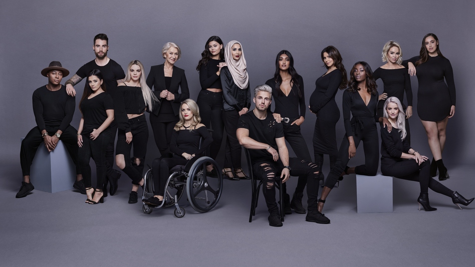 Amena Khan, center in hijab, with other L'Oreal ambassadors at a photo shoot in February 2017 in London. (Handout/Prince's Trust/L'Oreal via Getty)