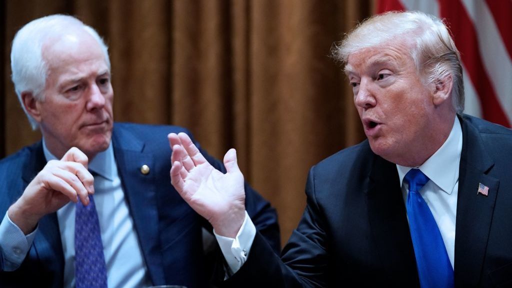 President Trump speaks, watched by Sen. John Cornyn, R-Texas, during a bipartisan meeting with members of Congress on school and community safety at the White House on Wednesday. (AFP/Getty Images)