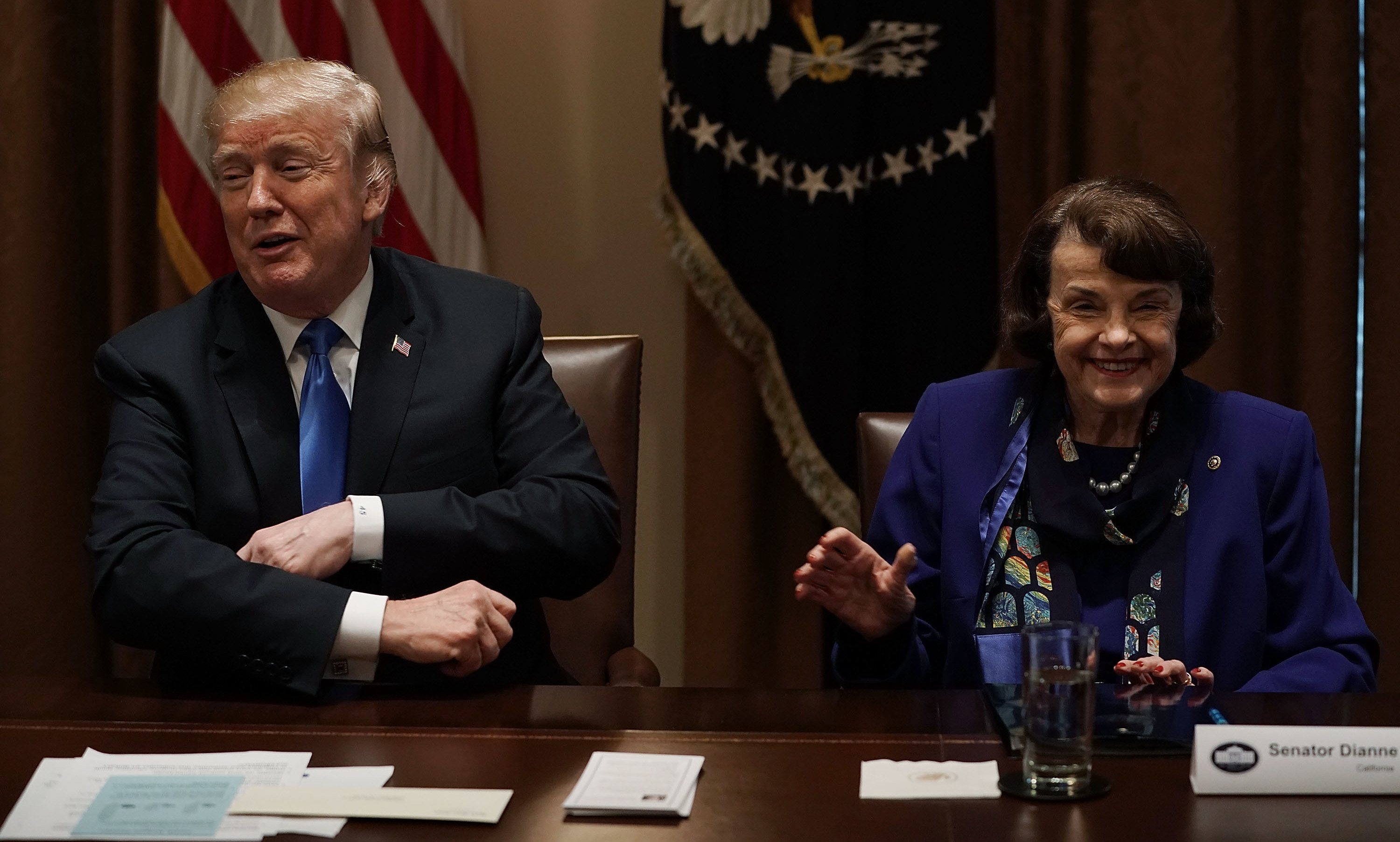 President Trump hosted a bipartisan meeting with lawmakers including Sen. Dianne Feinstein, D-Calif., discuss guns and school safety on Wednesday. (Getty Images)