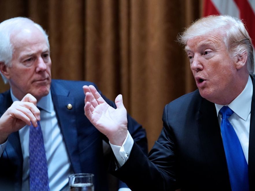 President Trump speaks, watched by Sen. John Cornyn, R-Texas, during a bipartisan meeting with members of Congress on school and community safety at the White House on Wednesday. (AFP/Getty Images)