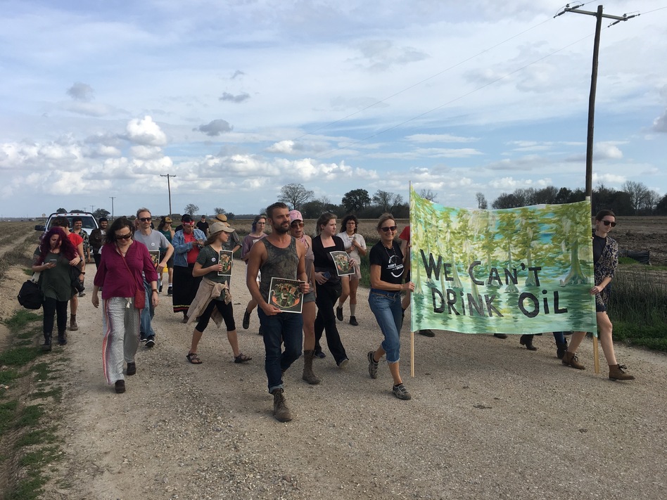 "Keep it in the ground" activists protesting the Bayou Bridge Pipeline on February 17, 2018 near Belle Rose, Louisiana. (Travis Lux/WWNO)
