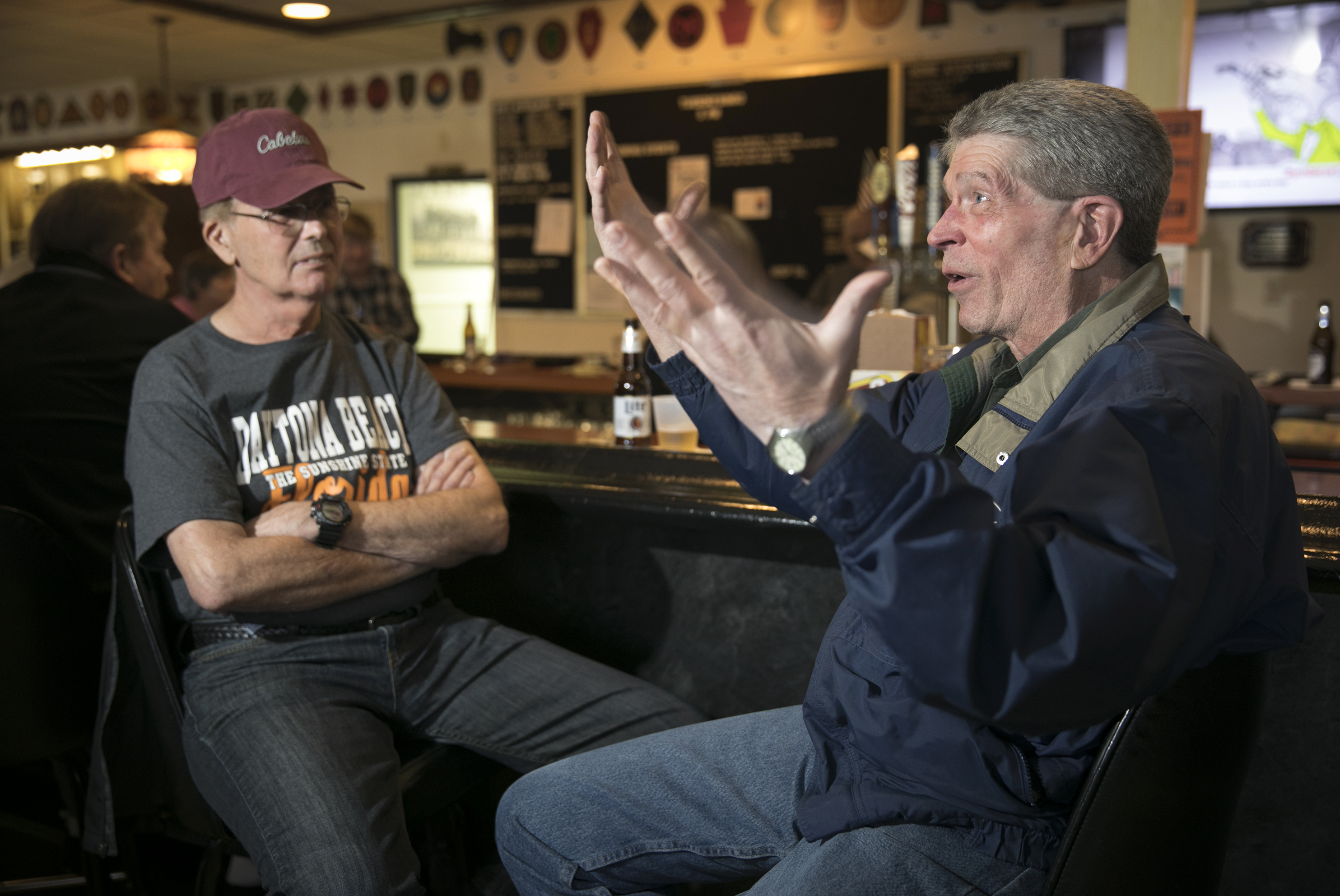 Veterans discuss the state of politics in Pennsylvania at American Legion Post 175 in Washington, Penn., on Feb 28. (Cheryl Diaz Meyer for NPR)