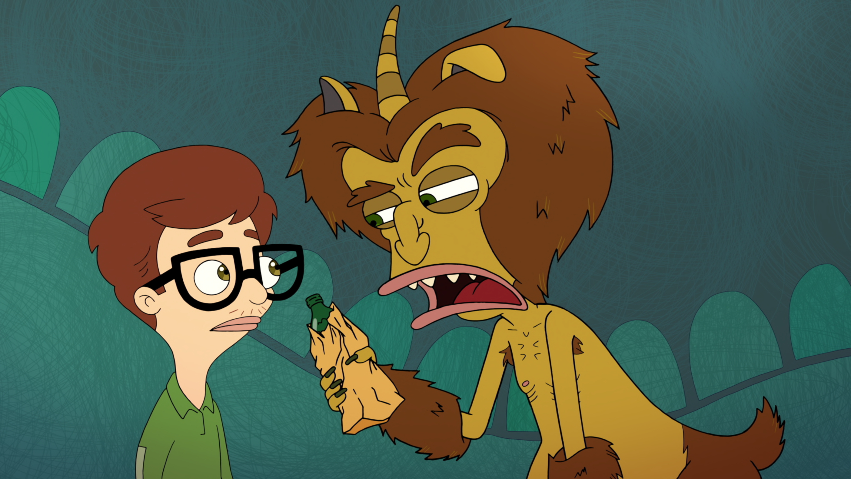 Andrew (voiced by John Mulaney) talks with the Hormone Monster (voiced by Nick Kroll) in the Netflix series Big Mouth.
