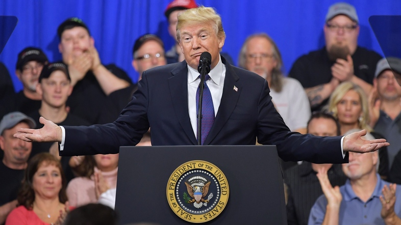 When he spoke last month at hydraulic cylinder manufacturer Sheffer Corp. in Blue Ash, Ohio, President Trump told the crowd "history is not on our side" in the 2018 midterms. (Mandel Ngan/AFP/Getty Images)