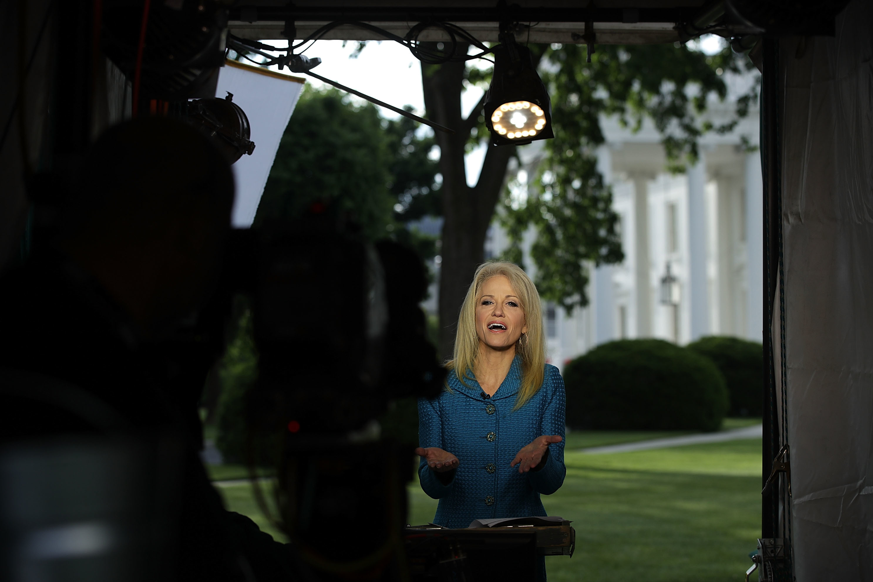 White House counselor Kellyanne Conway participates in an interview with CNN at the White House in May. Conway was reprimanded for mixing partisan politics with her official duties in TV interviews last fall. (Getty Images)