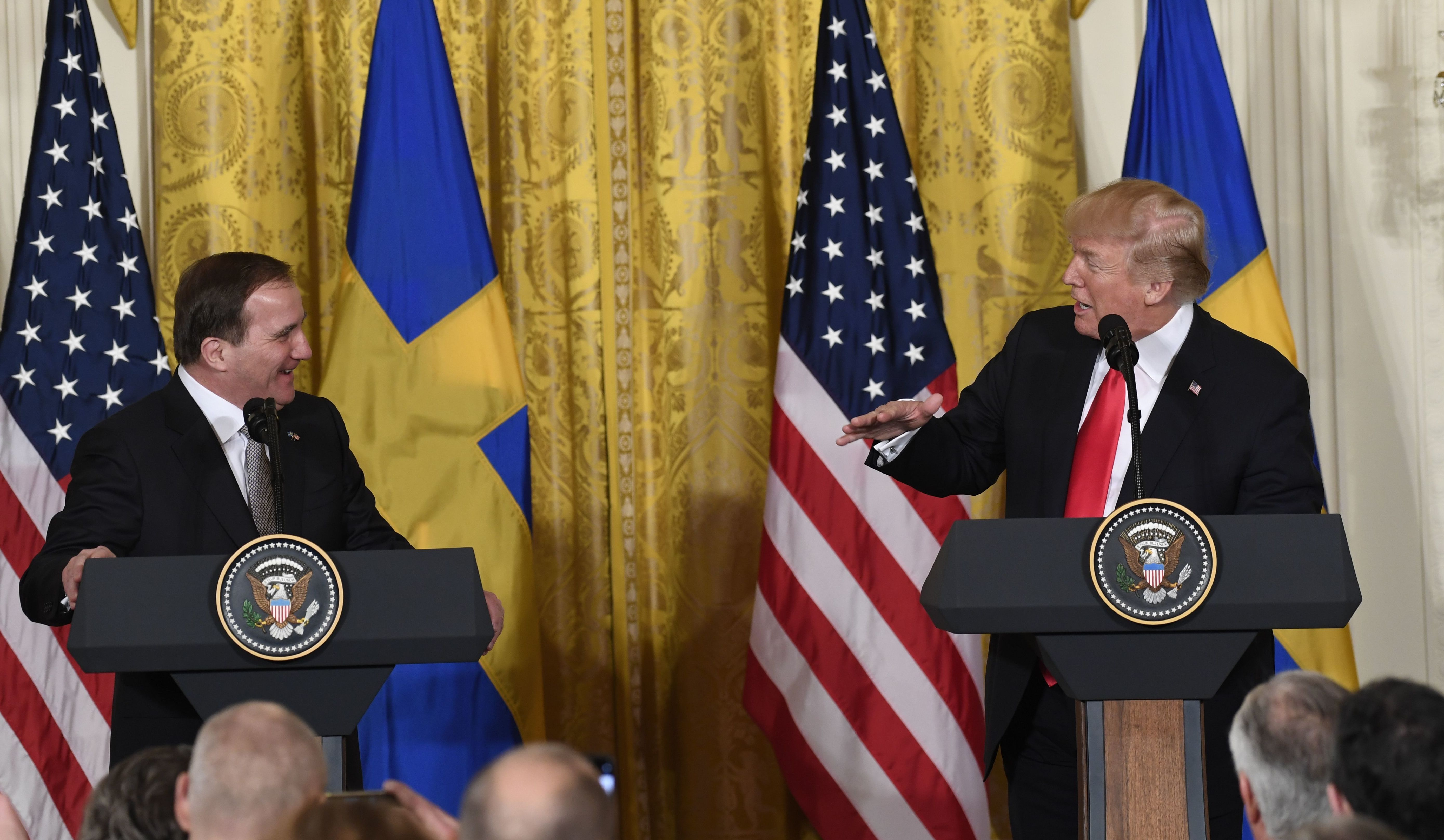 President Trump and Swedish Prime Minister Stefan Lofven hold a joint news conference at the White House on Tuesday. (AFP/Getty Images)