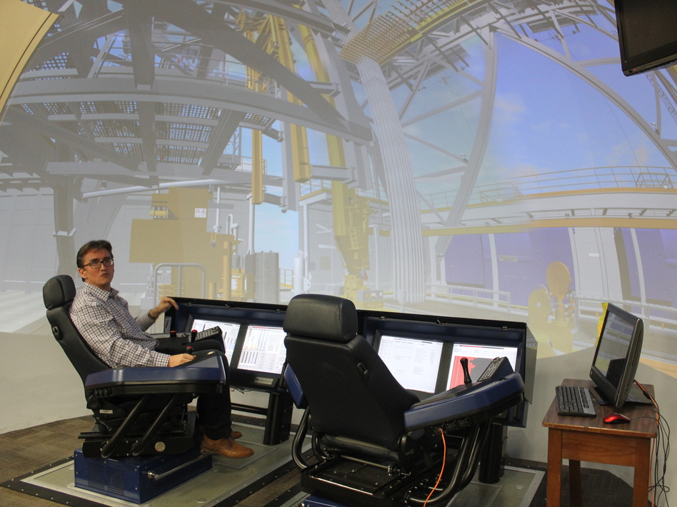 Professor Eric van Oort uses this 'virtual oil rig' to do research at the University of Texas at Austin. He helps advise companies on how to improve operations. (Mose Buchele/KUT)