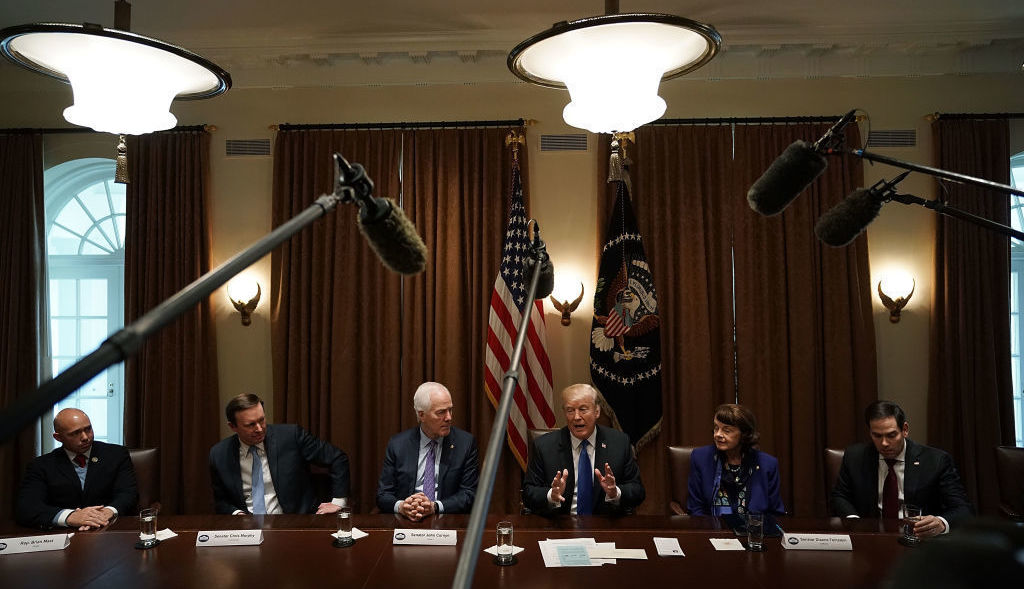 With the cameras rolling, President Trump meets with lawmakers to discuss school and community safety on Feb. 28. (Getty Images)