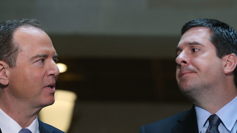 House intelligence committee Chairman Devin Nunes, R-Calif., (right), and Ranking Member Adam Schiff, D-Calif., speak to the media about committee's investigation into Russian interference in the U.S. presidential election, a year ago on March 15, 2017, in Washington, D.C. (Mark Wilson/Getty Images)