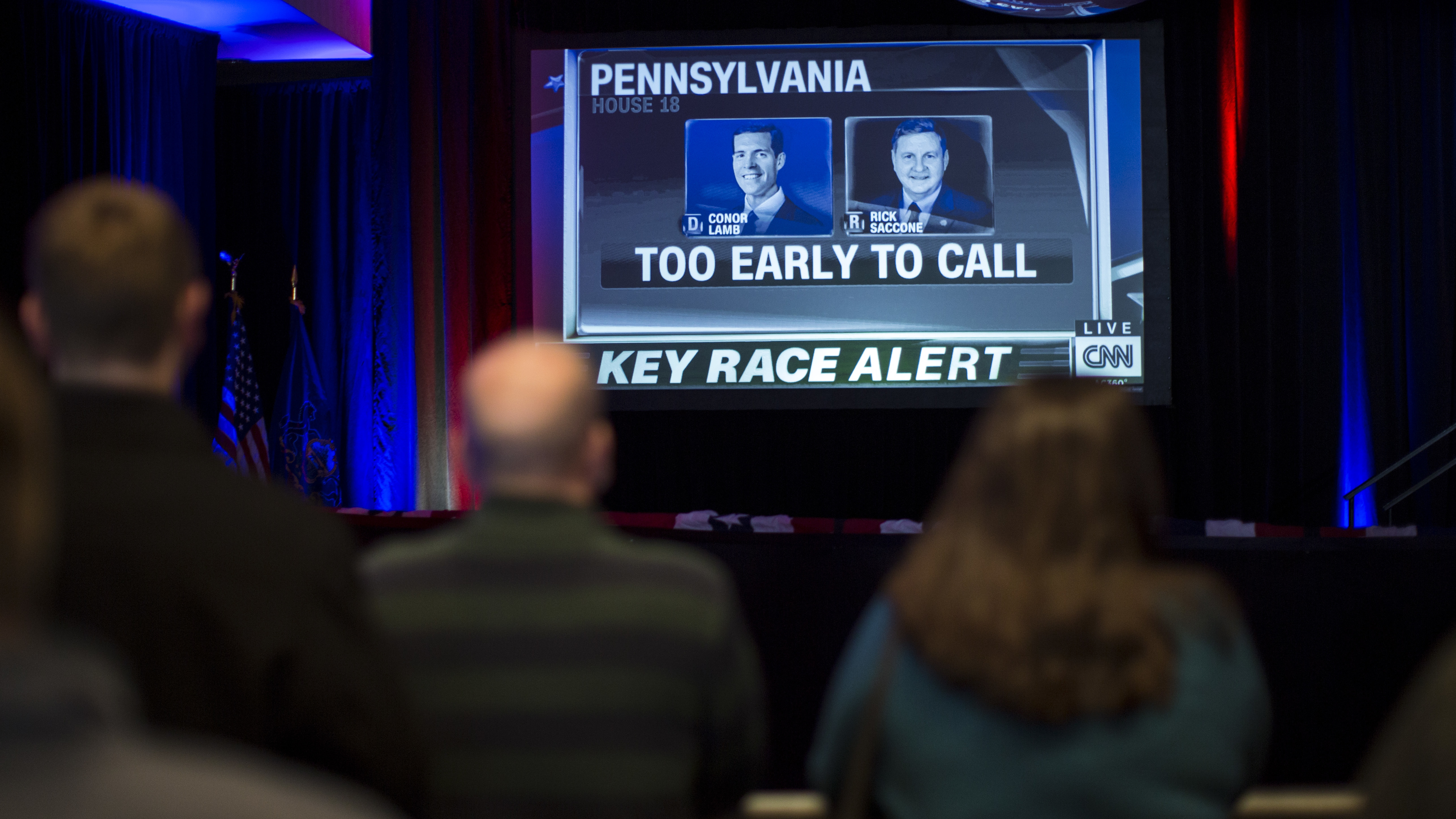 Supporters of Democratic congressional candidate Conor Lamb await results on Tuesday night in Canonsburg, Pa. Lamb and Republican Rick Saccone were locked in a race that was declared too close to call hours after polls closed. (Getty Images)