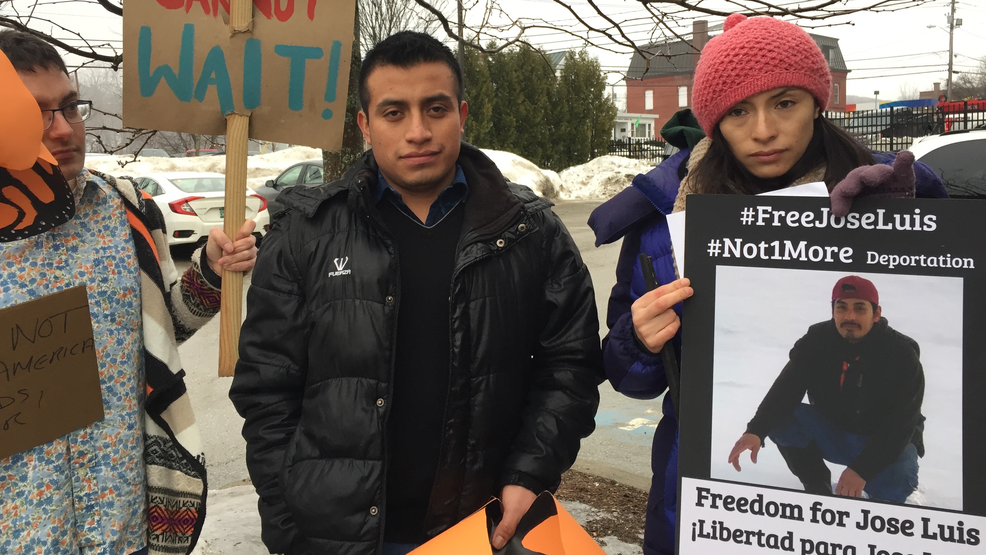 Victor Garcia Diaz, left, and Zully Palacios Rodriguez, at a recent demonstration in Richford, Vt. They are two of the undocumented Migrant Justice leaders arrested by ICE. (NPR)