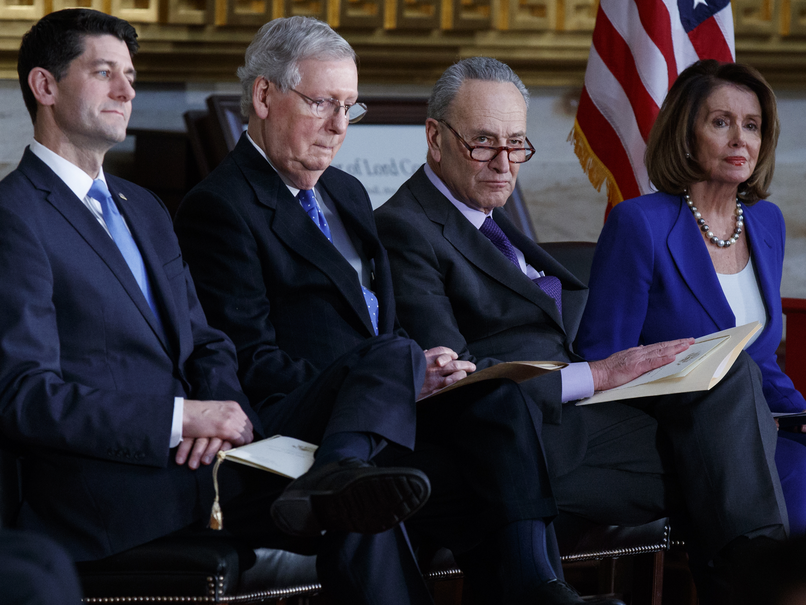 Speaker of the House Paul Ryan, Senate Majority Leader Mitch McConnell, Senate Minority Leader Chuck Schumer, and House Minority Leader Nancy Pelosi, at a Congressional Gold Medal ceremony in January. (AP)