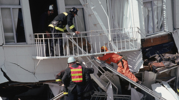 First responders in the Marina District disaster zone after an earthquake on October 17, 1989 in San Francisco, Calif.