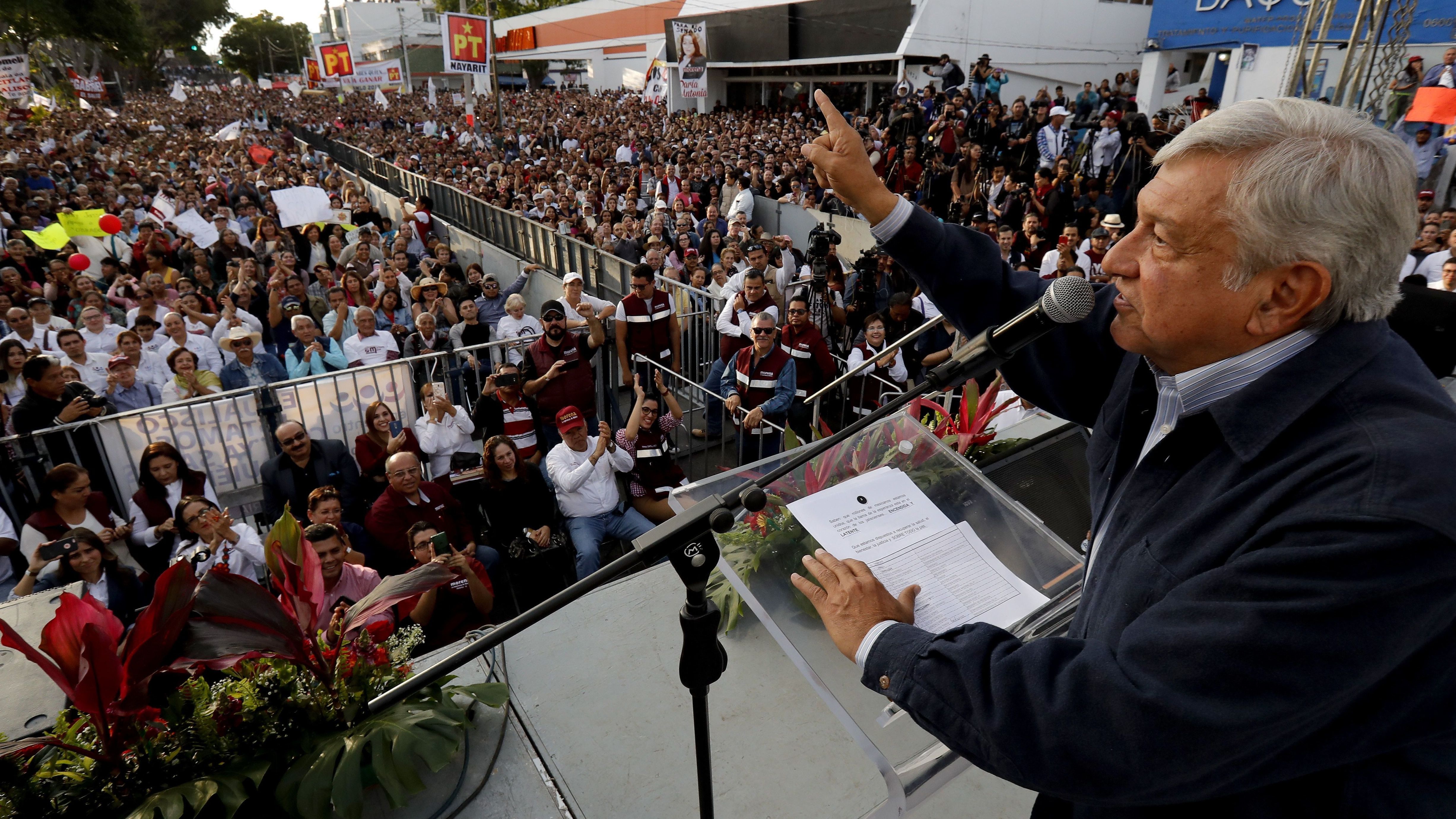 Presidential candidate and front-runner Andres Manuel Lopez Obrador delivers a speech during a rally in Guadalajara on Feb. 11. On Wednesday, he said of Cambridge Analytica: "Now that it