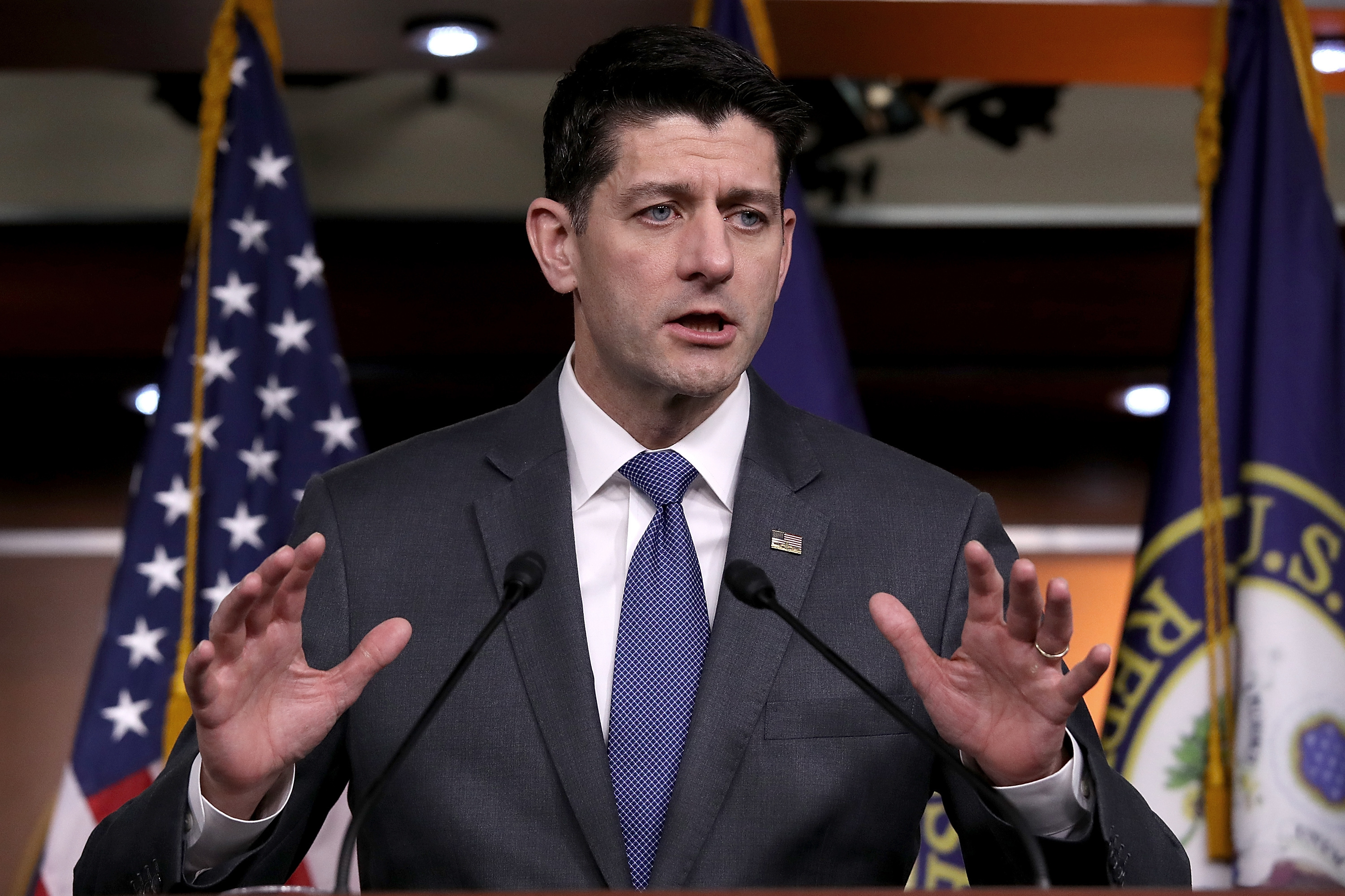 House Speaker Paul Ryan holds a press conference at the Capitol on Thursday. The House passed the $1.3 trillion spending bill despite concerns from fiscal conservatives. (Getty Images)