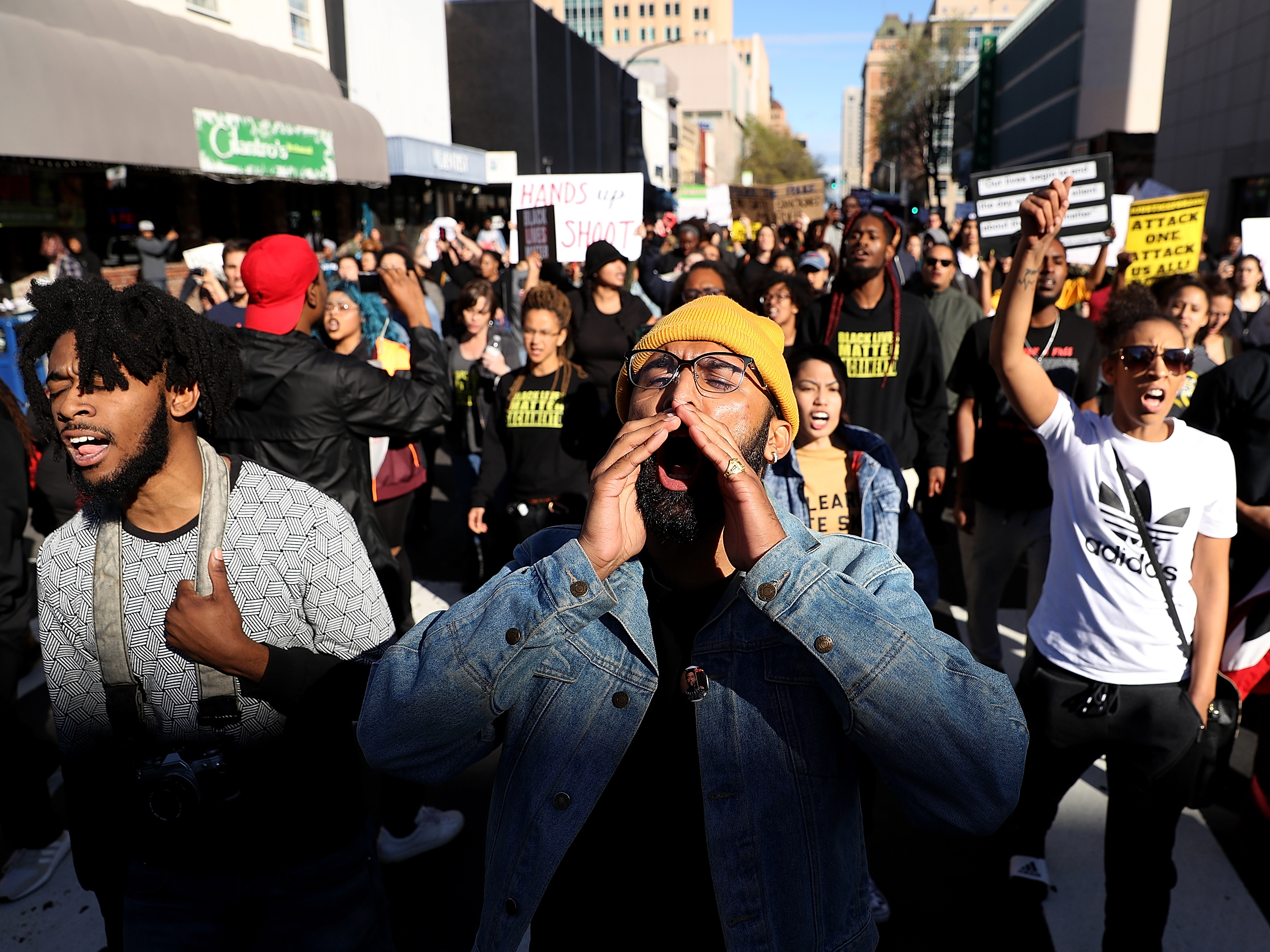 Black Lives Matter protesters march Thursday in Sacramento, Calif., after two officers in the city's police department shot and killed Stephon Clark, an unarmed black man, in the backyard of his grandparents' house on Sunday evening. (Getty Images)