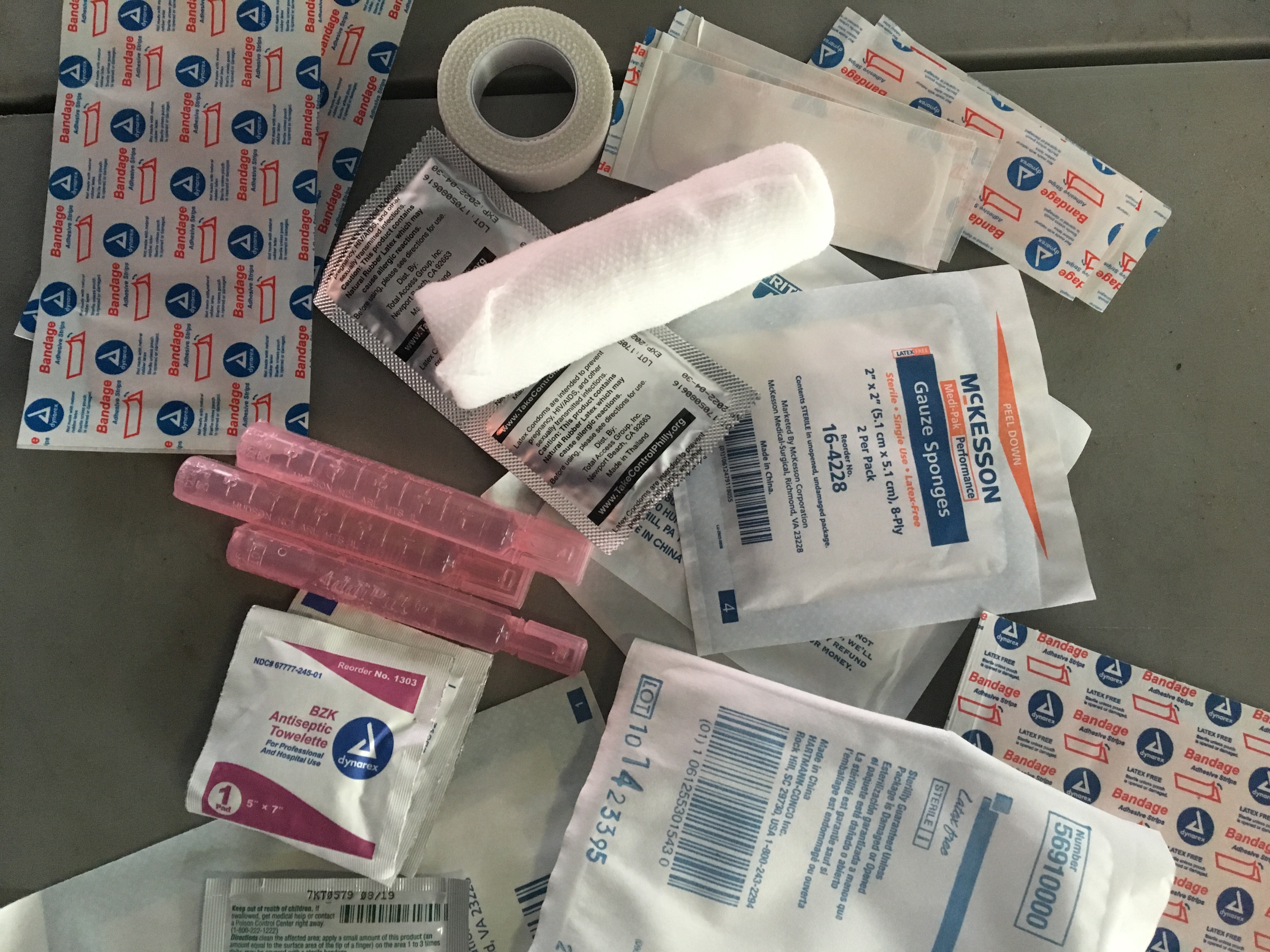 A spread of ointments, gauze, sterile water and other items stocked inside Prevention Point Philadelphia's mobile wound care unit. (Elana Gordon / WHYY)