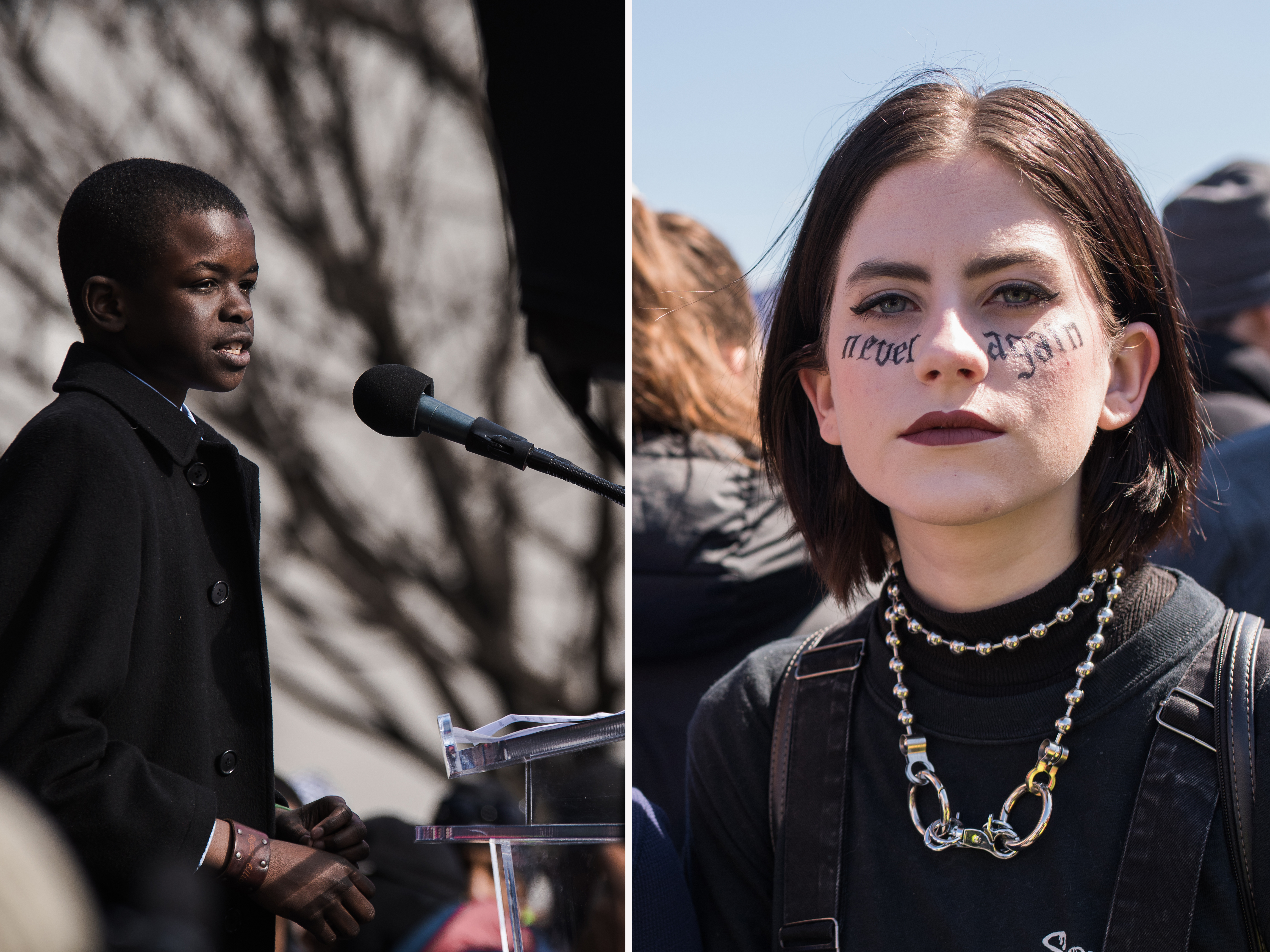 Ryan Battle (left) speaks at the Rally for DC Lives in Folger Park in Washington, D.C. Emily Pemberton (right) participates at the &quot;March for Our Lives&quot; protest. (NPR)