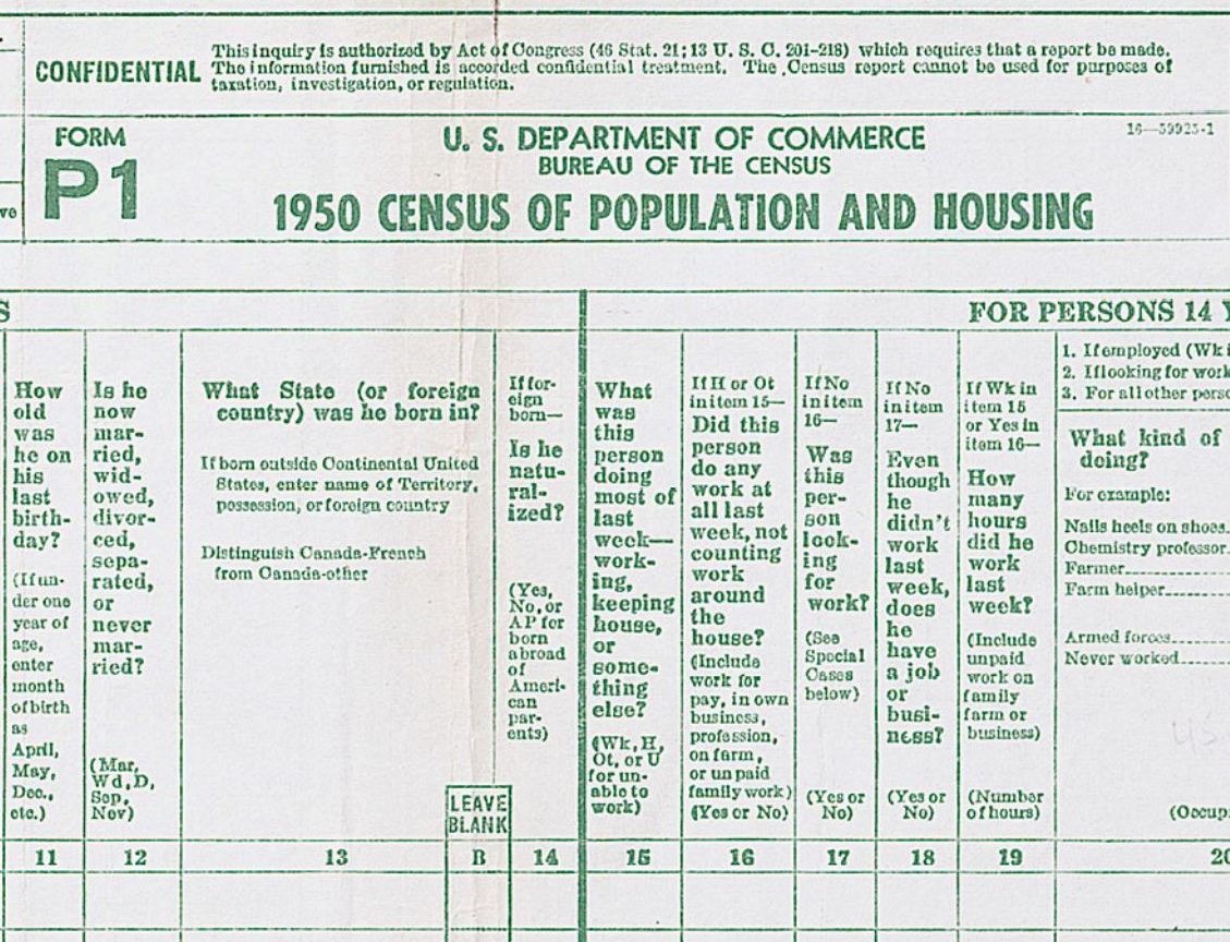 The 1950 census form asked where respondents were born and whether they were naturalized. (Census.gov/Screenshot by NPR)