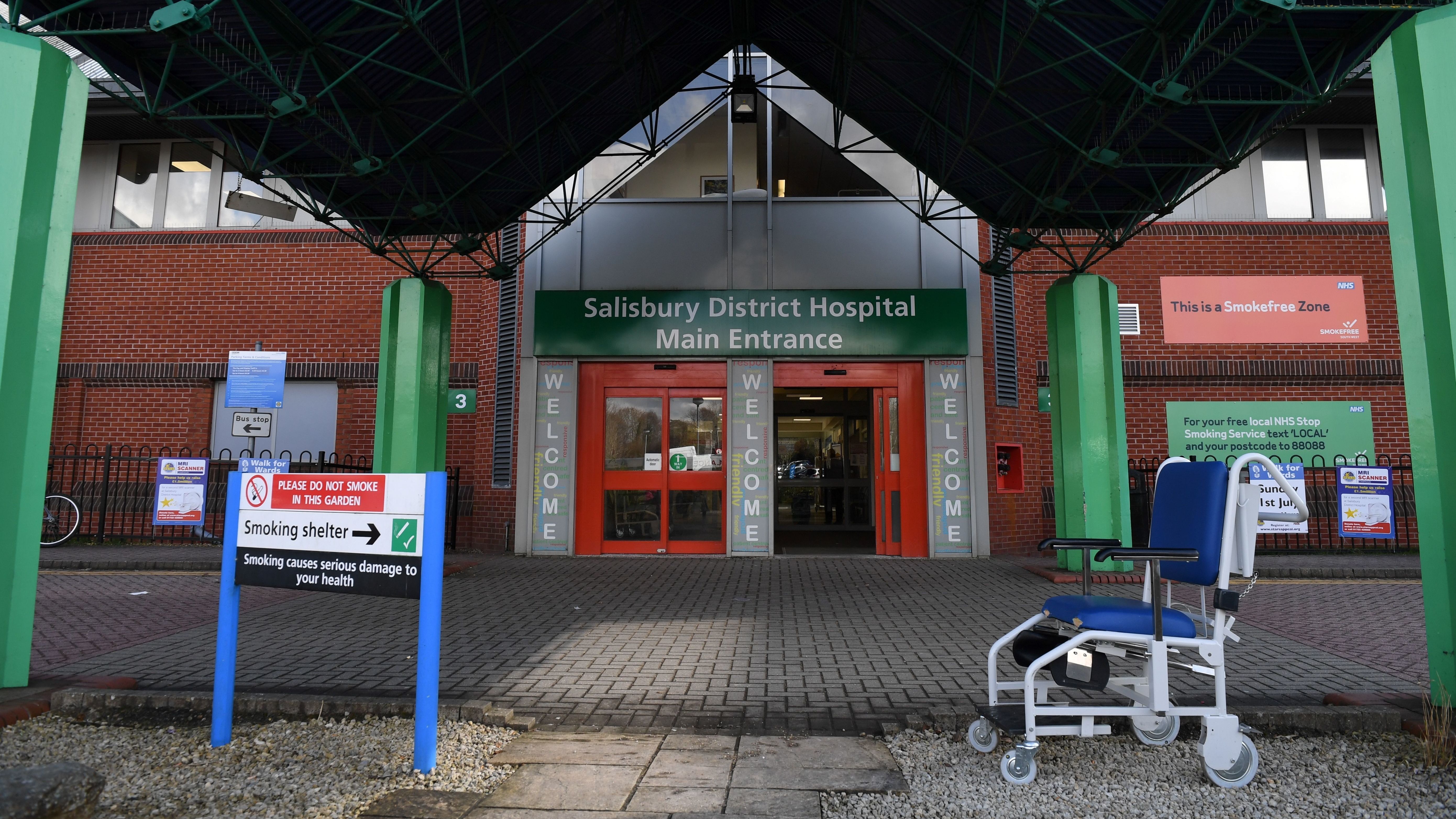 The main entrance to the Salisbury District Hospital in southern England, seen early last month after Sergei and Yulia Skripal were admitted after their poisoning. On Friday, hospital officials noted that both father and daughter have been improving. (AFP/Getty Images)