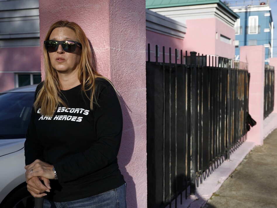 Abortion-rights advocate Kim Gibson, a "clinic defender," keeps watch at the entrance of the Jackson Women's Health Organization clinic, the only clinic providing abortions in Mississippi, last month. (Rogelio V. Solis/AP)