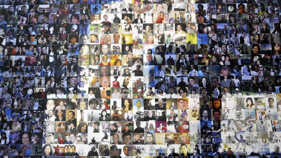 A collage of profile pictures featured on a break room wall at the North Carolina Facebook Data Center in 2012. (Rainier Ehrhardt/Getty Images)