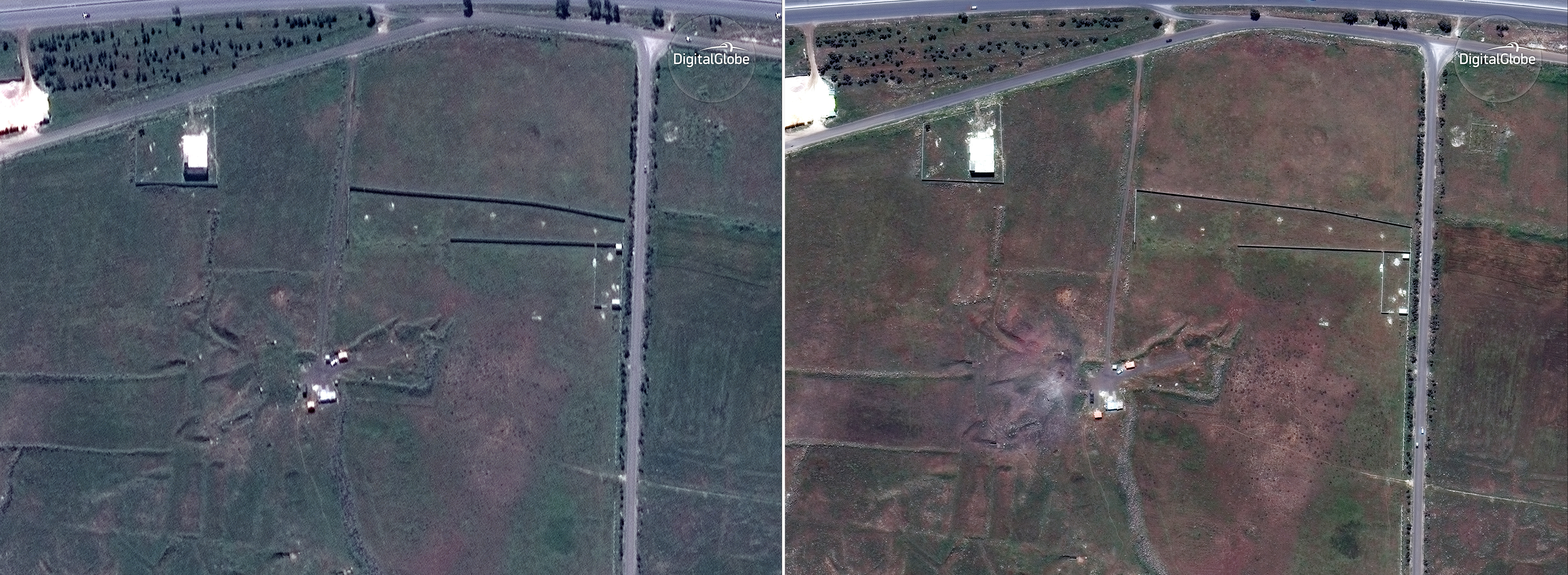 PHOTOS: 2 Syrian Chemical Weapons Sites Before And After Missile Strikes 2 Satellite images appear to show another target at the Shinshar chemical weapons complex outside Homs before the missile attack (left) and the day of the attack (right).