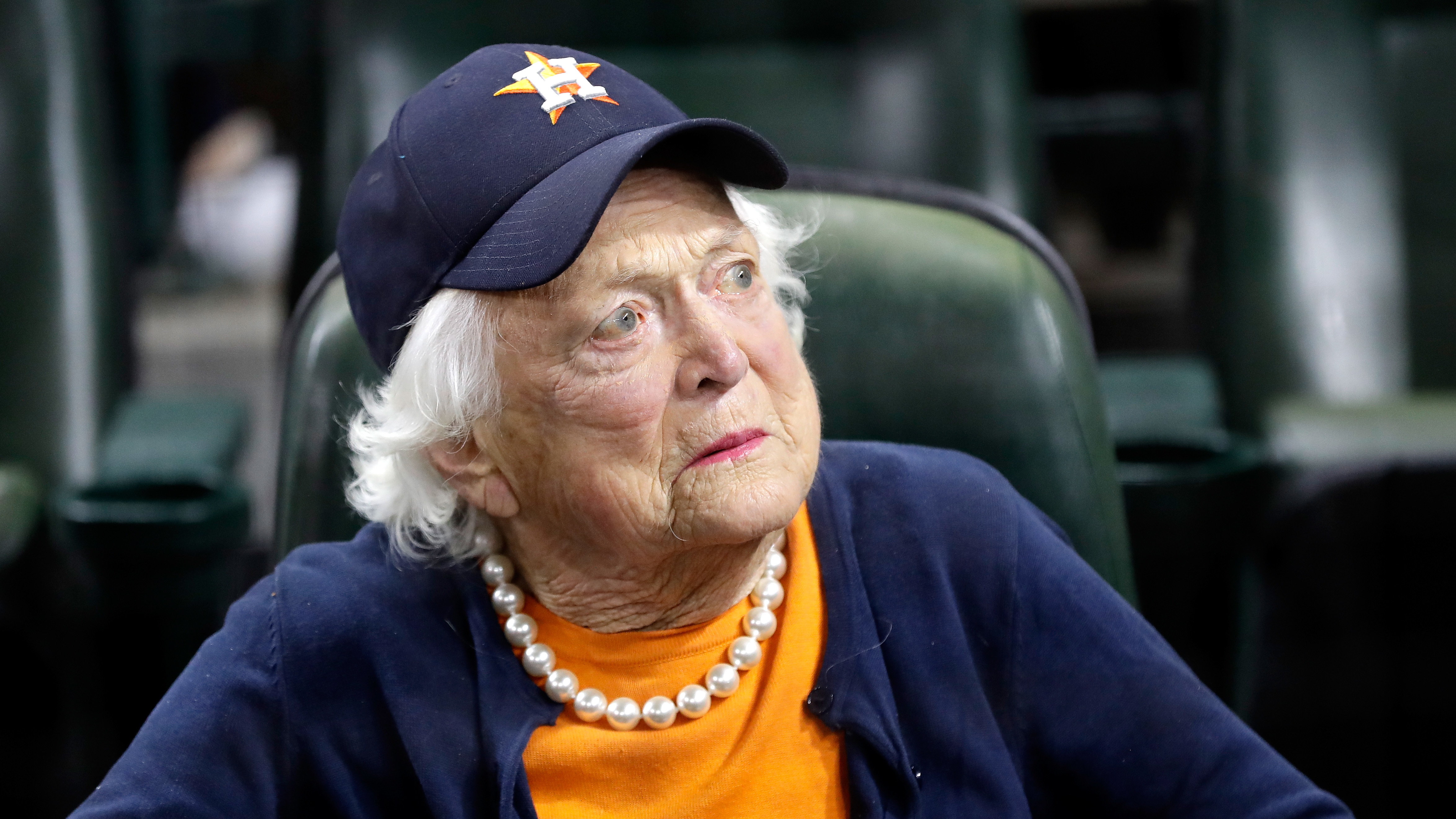 Former first lady Barbara Bush looks on before game five of the 2017 World Series between the Houston Astros and the Los Angeles Dodgers at Minute Maid Park on Oct. 29, 2017, in Houston. (Getty Images)