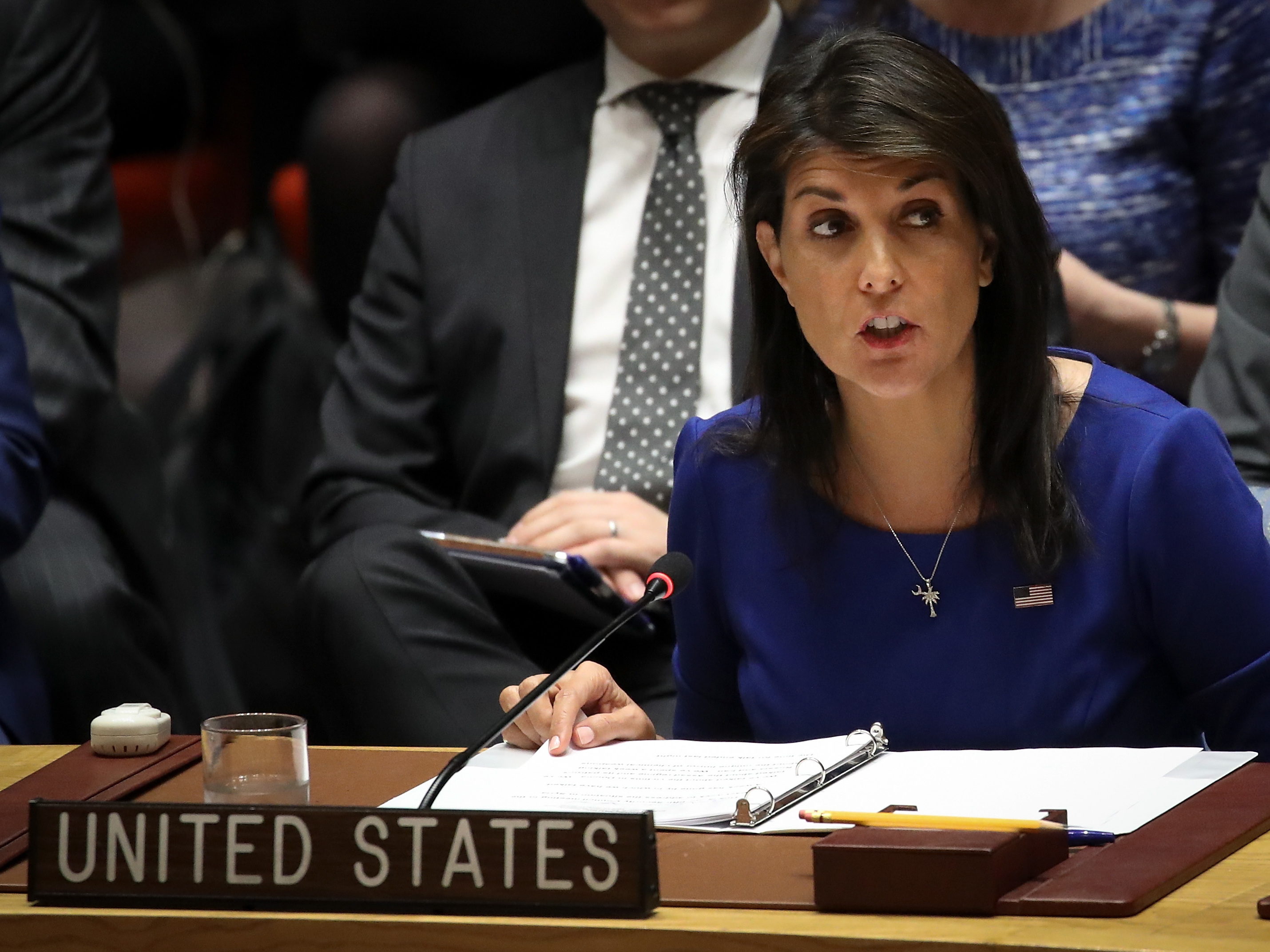 United States Ambassador to the United Nations Nikki Haley speaks during a U.N. Security Council meeting on Syria on Saturday.