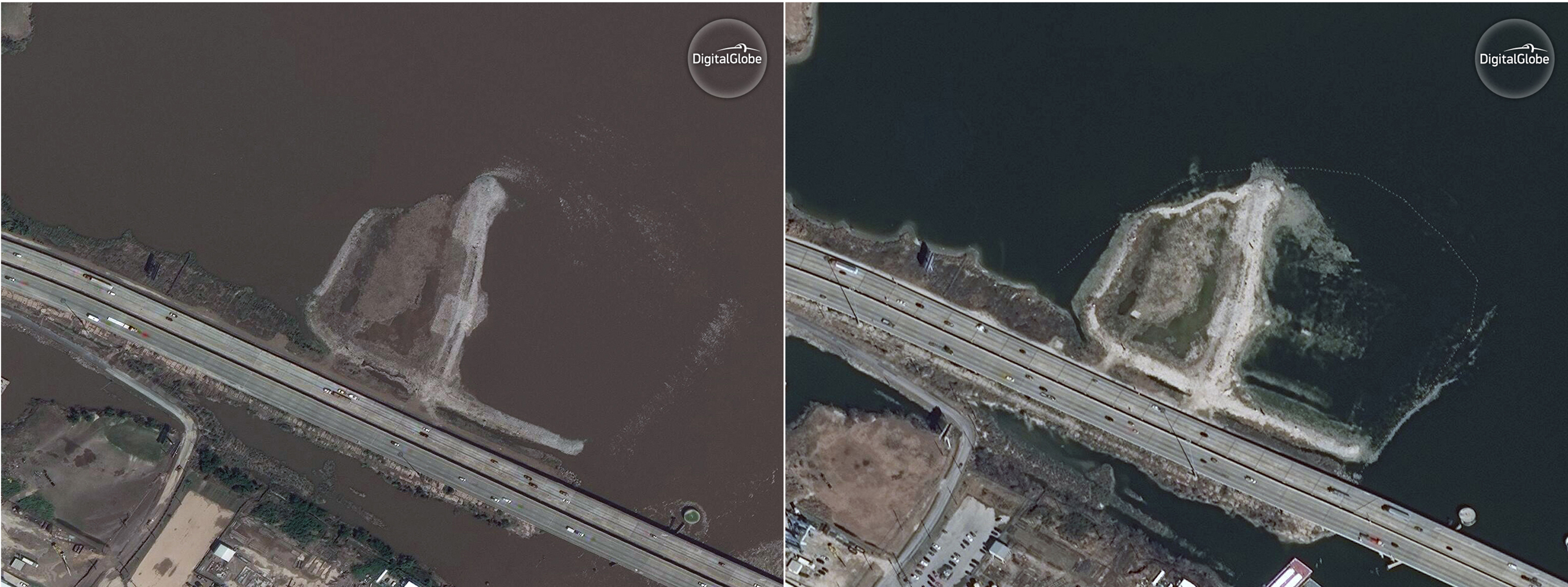 Satellite images show the San Jacinto Waste Pits near Houston on Sept. 2, 2017 (left) when the site was still flooded after Hurricane Harvey and on Jan. 24, 2018 after the waters had receded. (Satellite image ©2018 DigitalGlobe, a Maxar company)