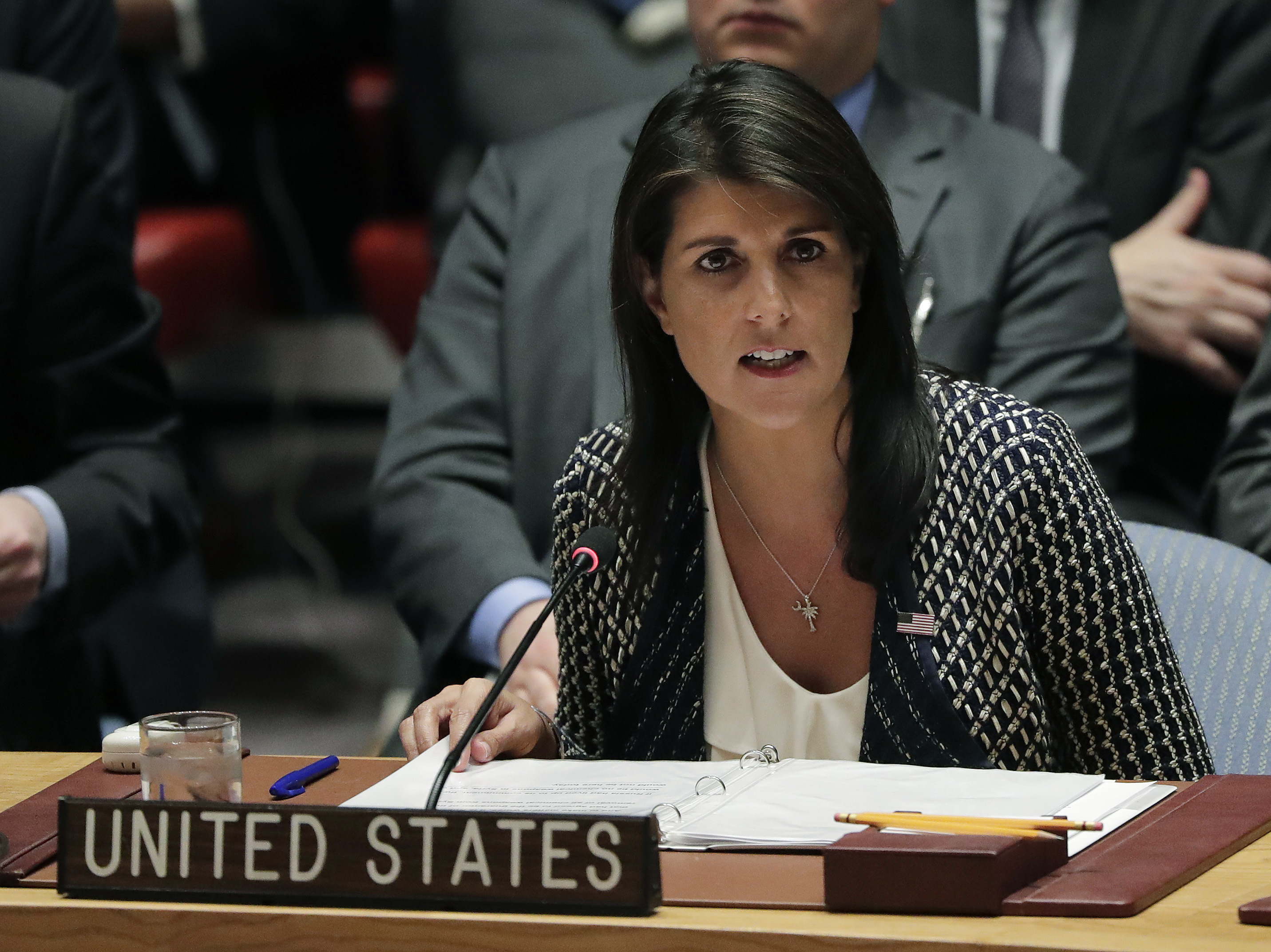 Nikki Haley, U.S. ambassador to the United Nations, speaks during a Security Council meeting on Friday. On Sunday, she said new Russian were forthcoming, only to be contradicted by the White House.