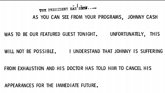 President Ford's remarks introducing Pearl Bailey and explaining why Johnny Cash was a no-show at the October 1975 state dinner. (Gerald R. Ford Presidential Library and Museum/NARA)