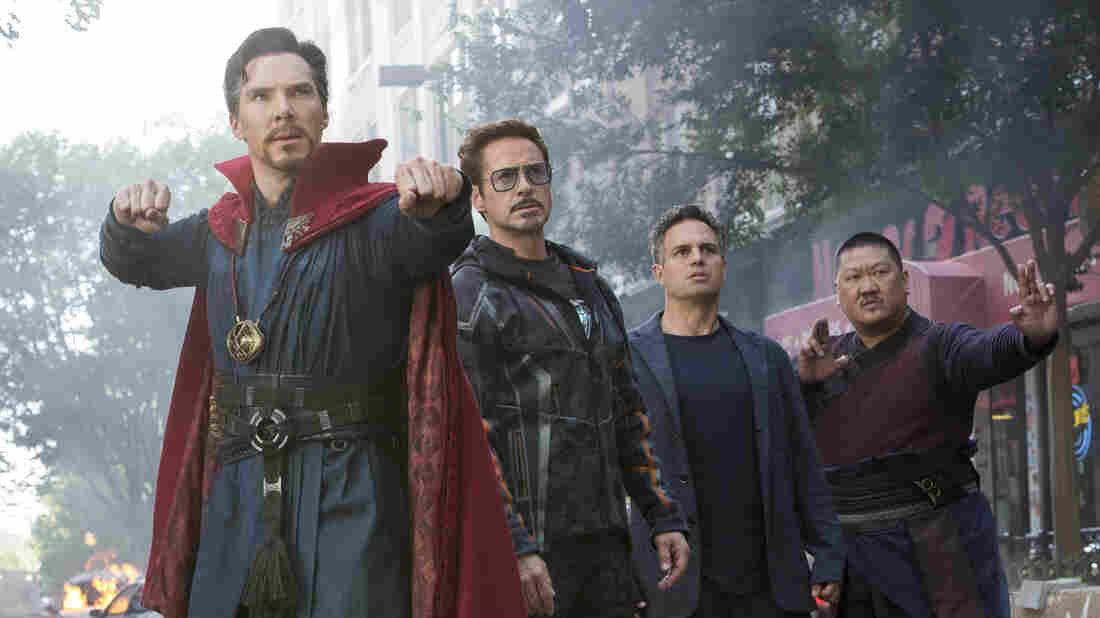 Doctor Strange (Benedict Cumberbatch), Iron Man (Robert Downey Jr.), Hulk (Mark Ruffalo) and Wong (Benedict Wong) in Avengers: Infinity War.