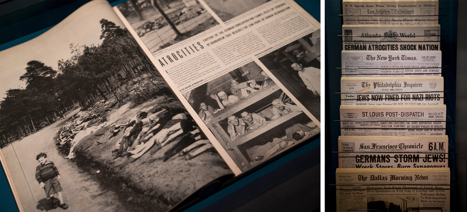 At the close of World War II, when visual evidence of mass murder finally surfaces, Americans can no longer doubt the stories of Nazi cruelty. Still, the narrative is caught up in a blur of other front-page headlines: Americans celebrating the victory over Nazism; Hitler's death; and the death of FDR. (Eslah Attar/NPR)
