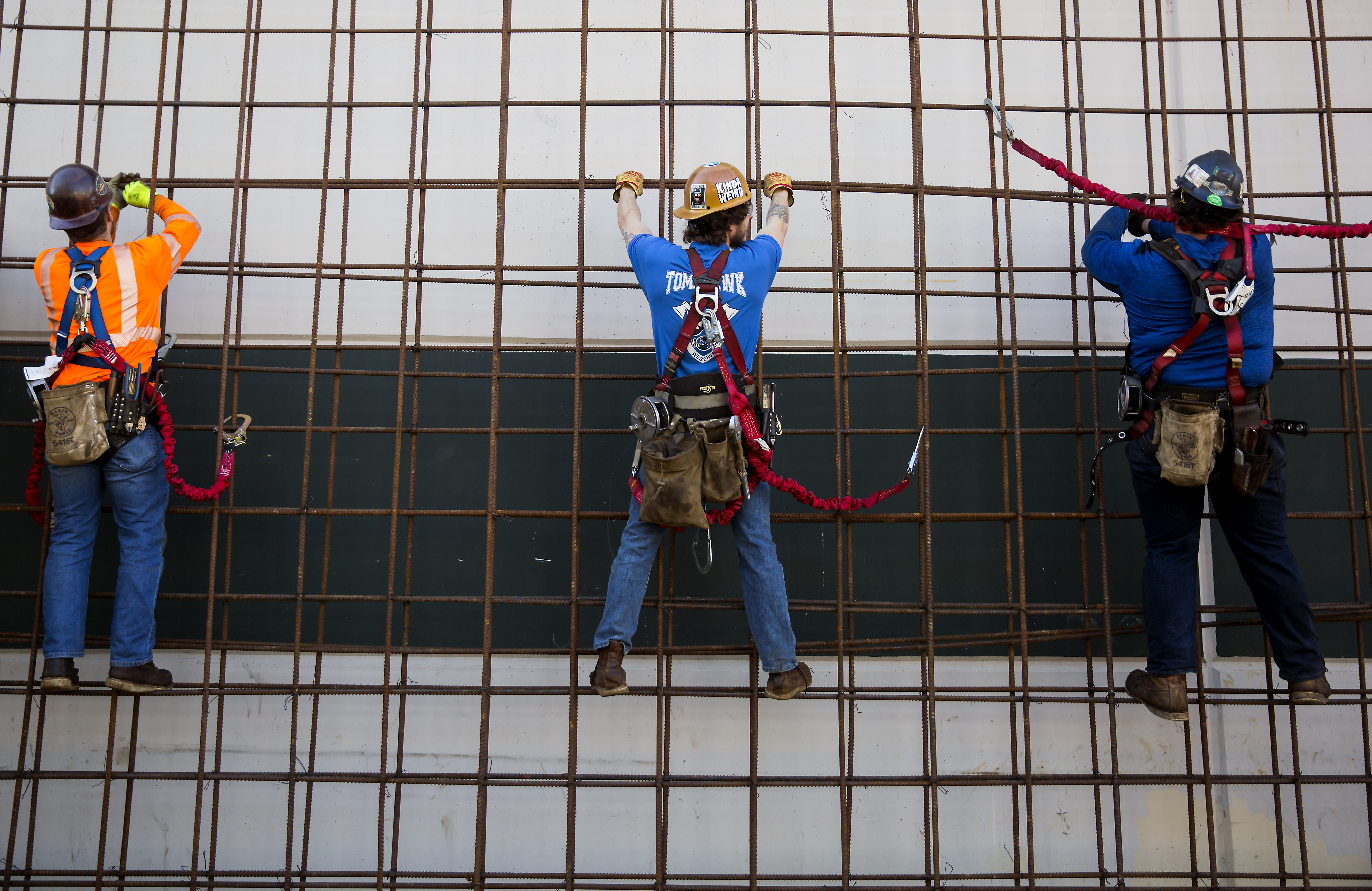 Ironworkers practice tying rebar at the Iron Workers Local Union #86 Administrative Offices in Tukwila, Wash.