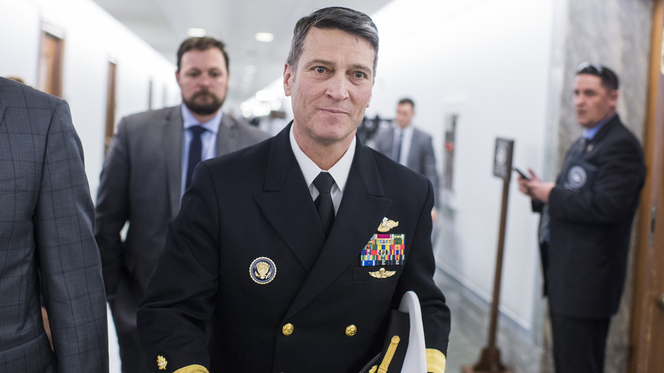 Rear Adm. Ronny Jackson, nominee for veterans affairs secretary, leaves the Dirksen Building afte meeting with Sen. Jerry Moran, R-Kan., on Tuesday. (Tom Williams/CQ Roll Call via Getty Images)