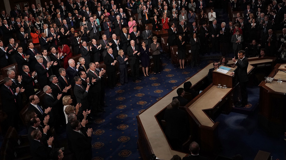 French President Emmanuel Macron gives a thumbs-up after he delivered an address to a joint meeting of Congress Wednesday at the U.S. Capitol. (Alex Wong/Getty Images)