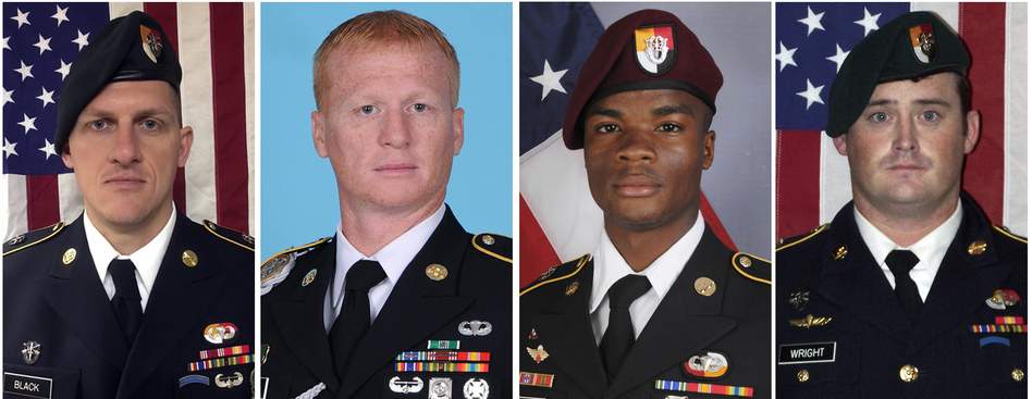 Four American soldiers were killed in Niger last Oct 4. From left, they are Staff Sgt. Bryan C. Black, 35, of Puyallup, Wash.; Staff Sgt. Jeremiah W. Johnson, 39, of Springboro, Ohio; Sgt. La David Johnson of Miami Gardens, Fla.; and Staff Sgt. Dustin M. Wright, 29, of Lyons, Ga. A Pentagon report cites multiple failures with the mission, and the military is now briefing families of those killed. (AP)