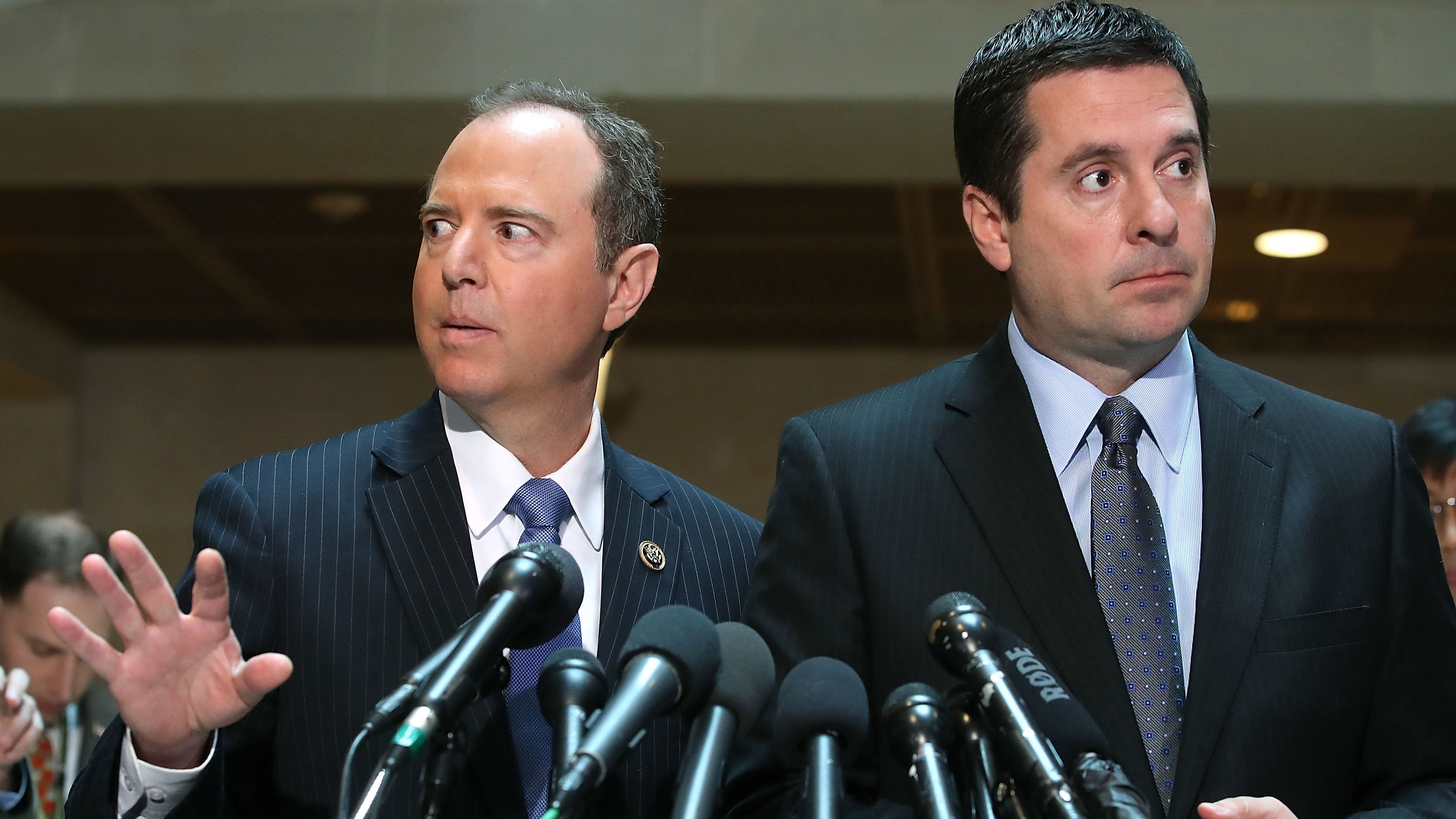 House intelligence committee Chairman Devin Nunes, R-Calif. (right), and ranking member Rep. Adam Schiff, D-Calif., speak to the media last year about committee's investigation into Russian interference in the 2016 presidential election. (Getty Images)