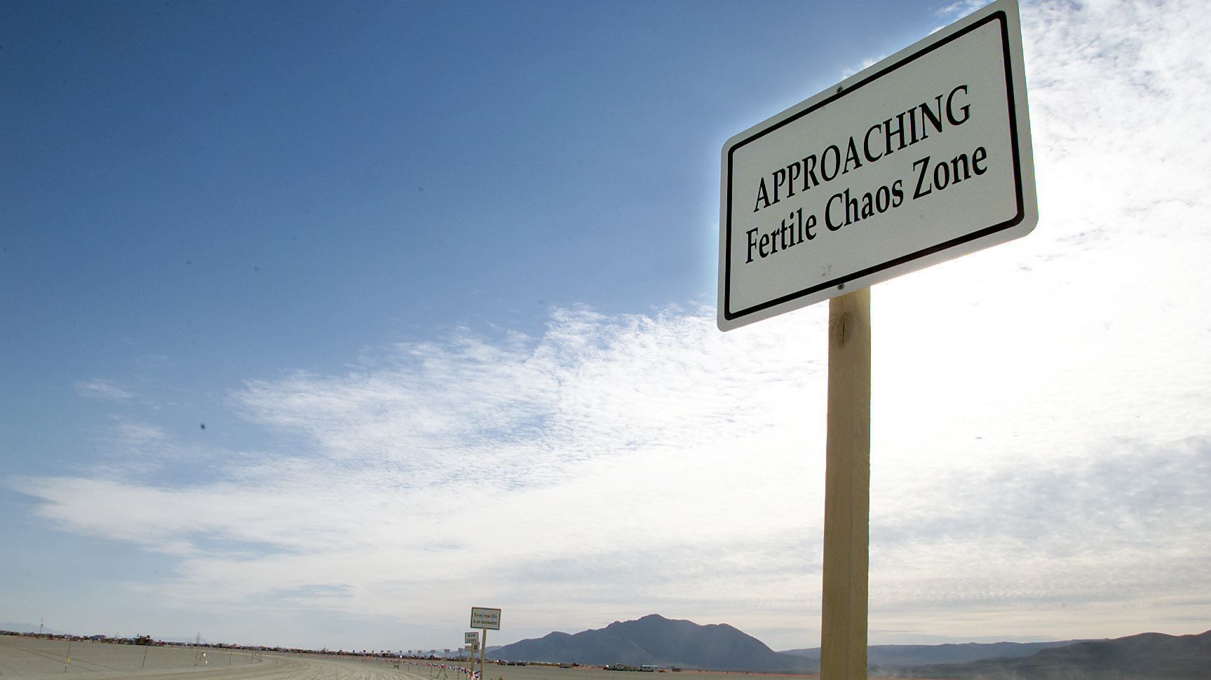 A sign is posted at the entrance checkpoint for the Burning Man Festival in Nevada