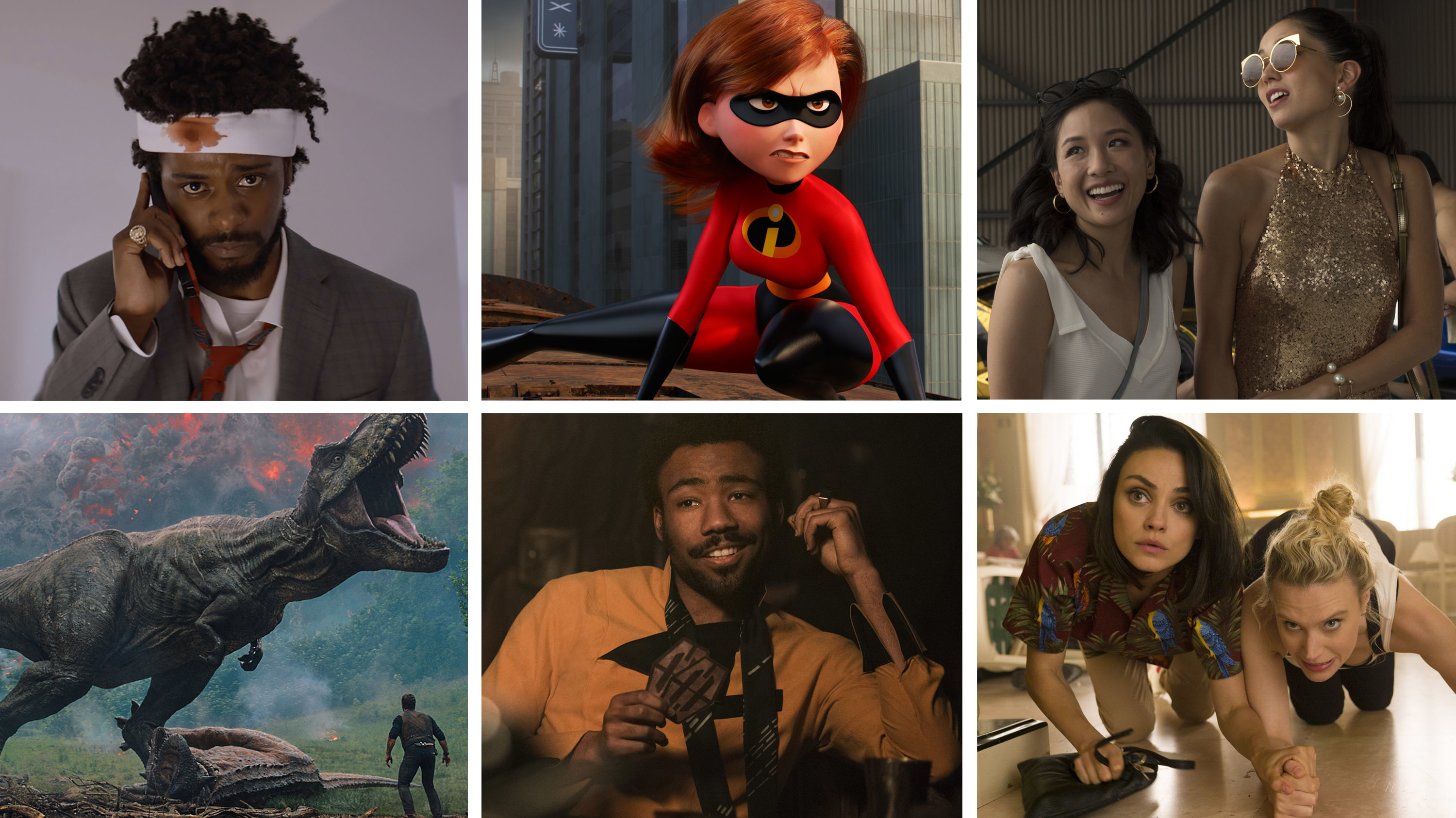 Clockwise from top left: <em>Sorry To Bother You, Incredibles 2, Crazy Rich Asians, The Spy Who Dumped Me, Solo: A Star Wars Story</em> and <em>Jurassic World: Fallen Kingdom</em>. (Annapurna Pictures/Disney Pixar/Sanja Bucko, Warner Bros. Pictures/Hopper Stone, SMPSP/Lucasfilm Ltd./Universal Pictures and Amblin Entertainment and Legendary Pictures Productions)