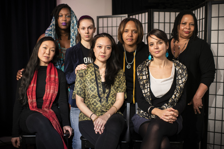Some of the members of the We Have Voice Collective, the authors of a new code of conduct for preventing harassment in performing arts spaces. Front row, seated (left to right): Linda May Han Oh, Jen Shyu, Sara Serpa. Back row, standing (left to right): Imani Uzuri, María Grand, Terri Lyne Carrington, Fay Victor. (Jacob Blickenstaff)