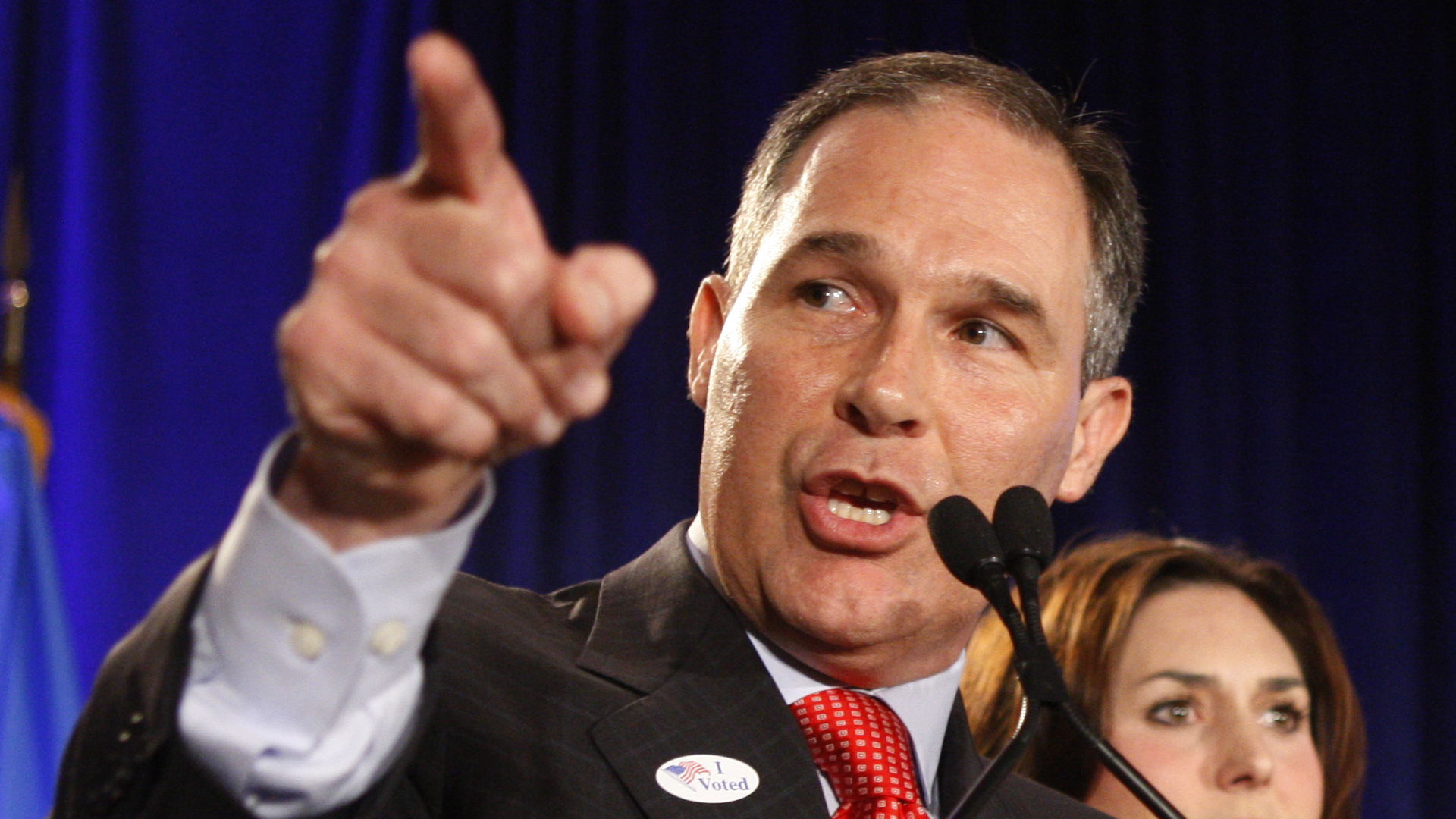 Scott Pruitt speaks on election night 2010, after his successful campaign for Oklahoma Attorney General. When Pruitt assumed office, he also took control over the state